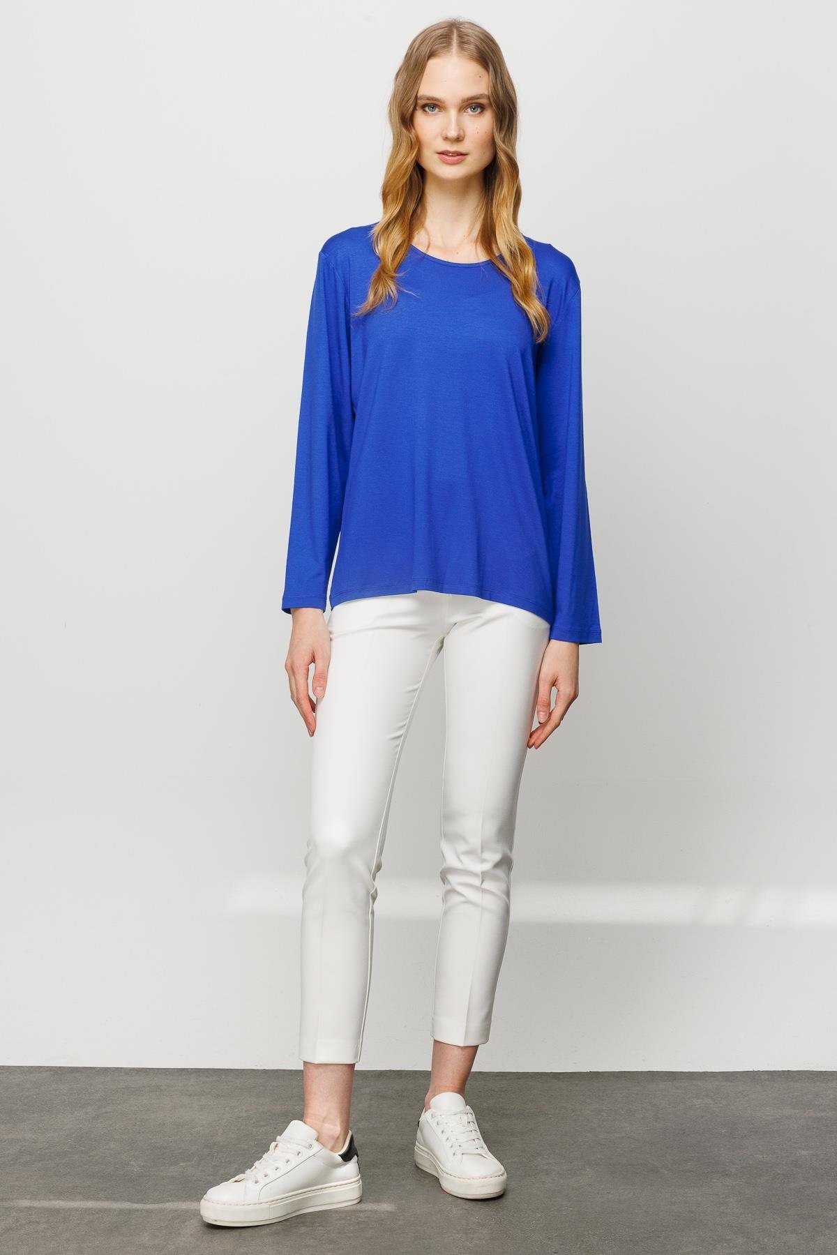 23787Kadın Sıfır Yaka Basic Penye Bluz Saks