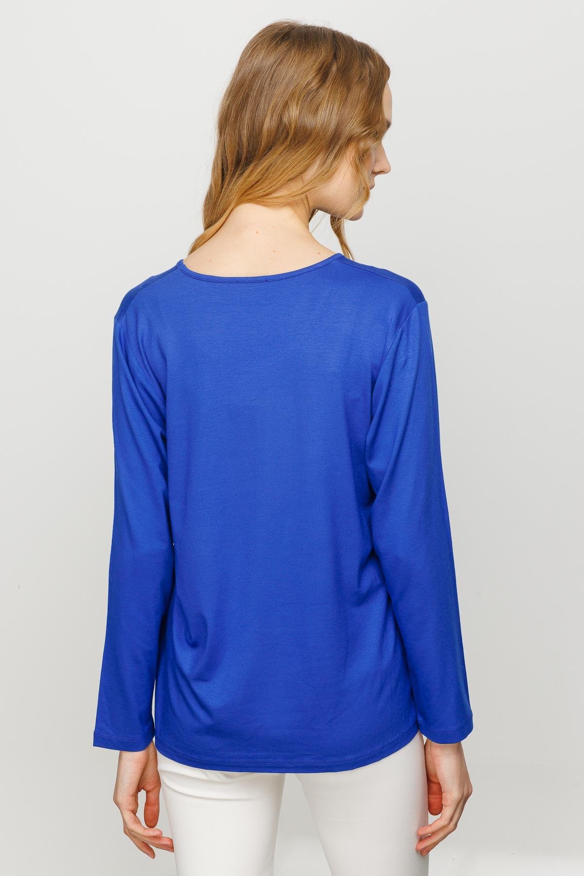 23787Kadın Sıfır Yaka Basic Penye Bluz Saks