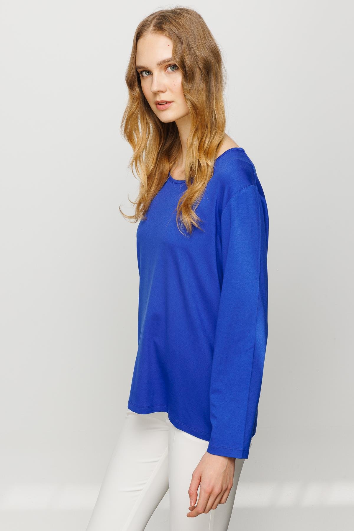 23787Kadın Sıfır Yaka Basic Penye Bluz Saks