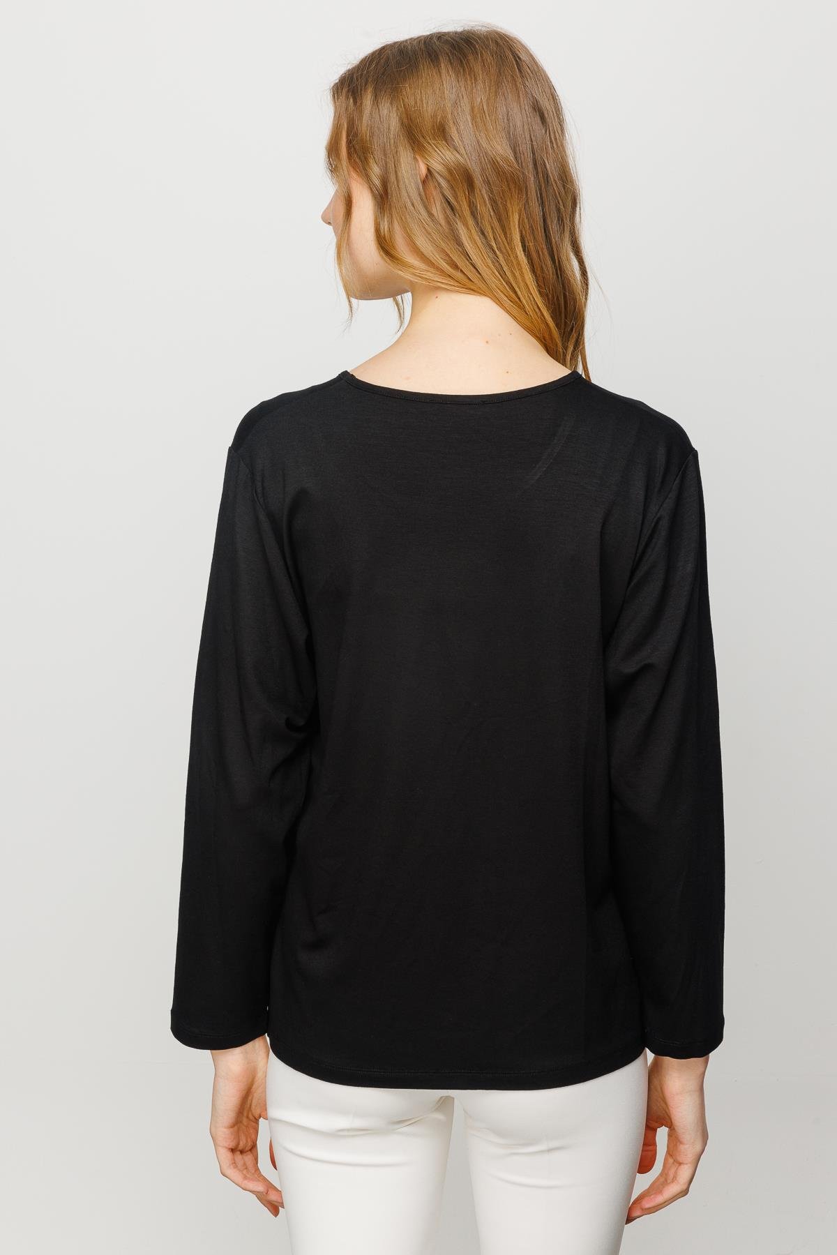 23787Kadın Sıfır Yaka Basic Penye Bluz Siyah