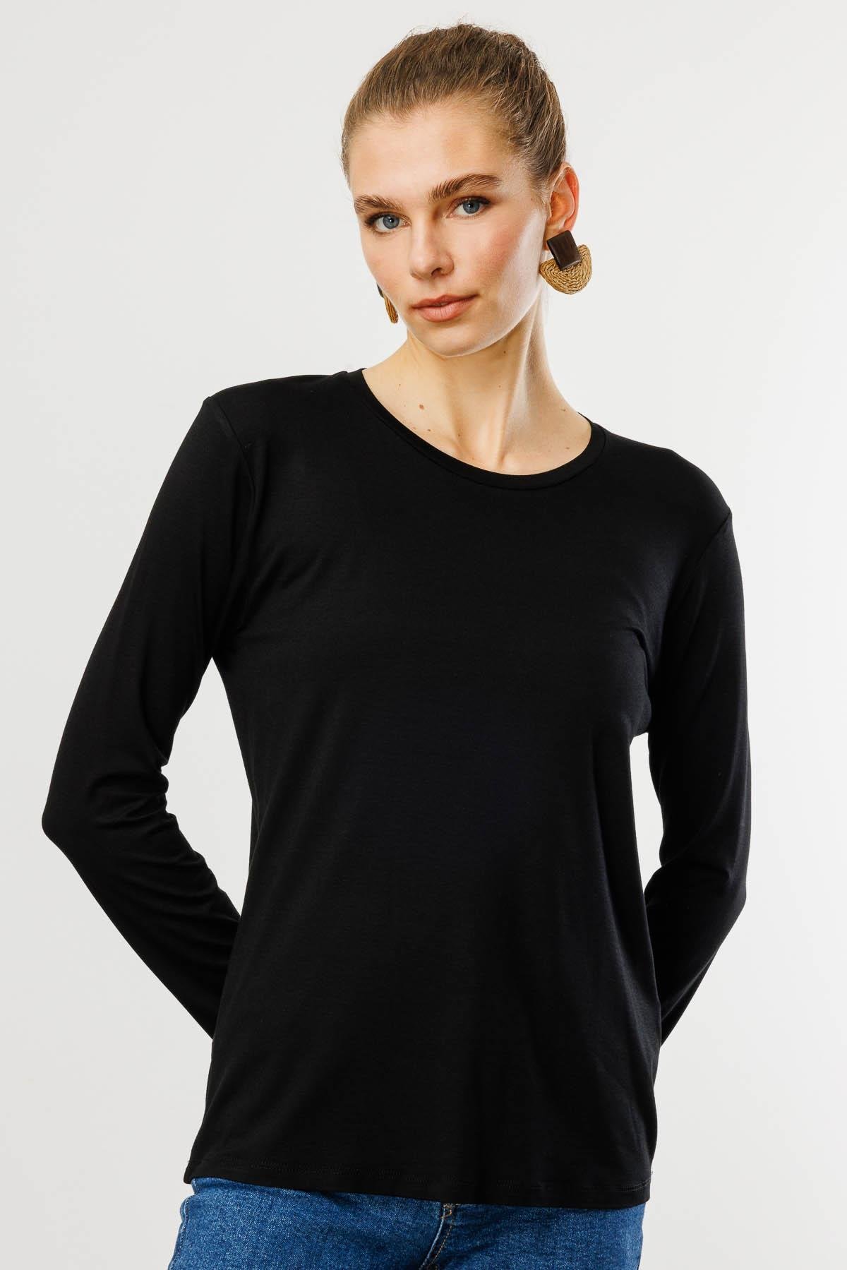 23787Женская базовая хлопковая блуза с круглым вырезом черная