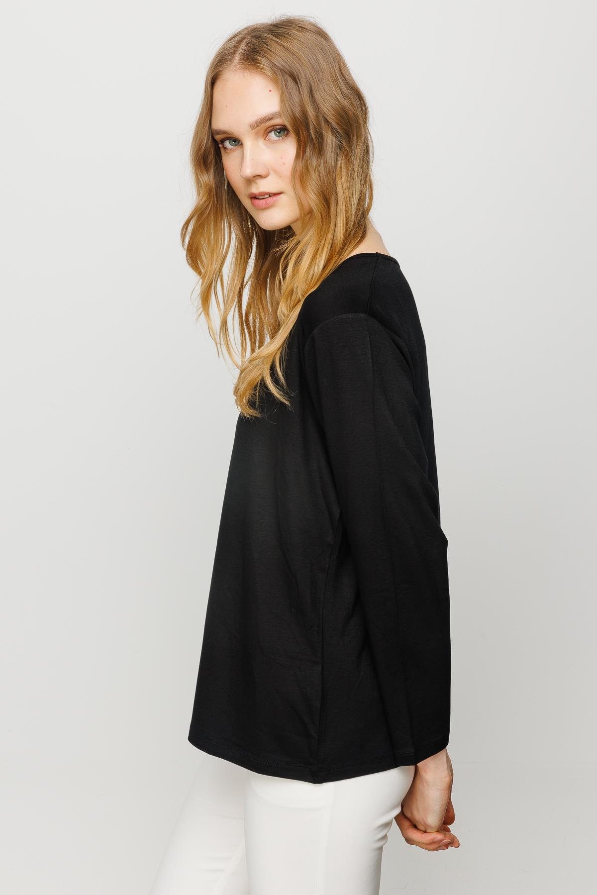 23787Kadın Sıfır Yaka Basic Penye Bluz Siyah