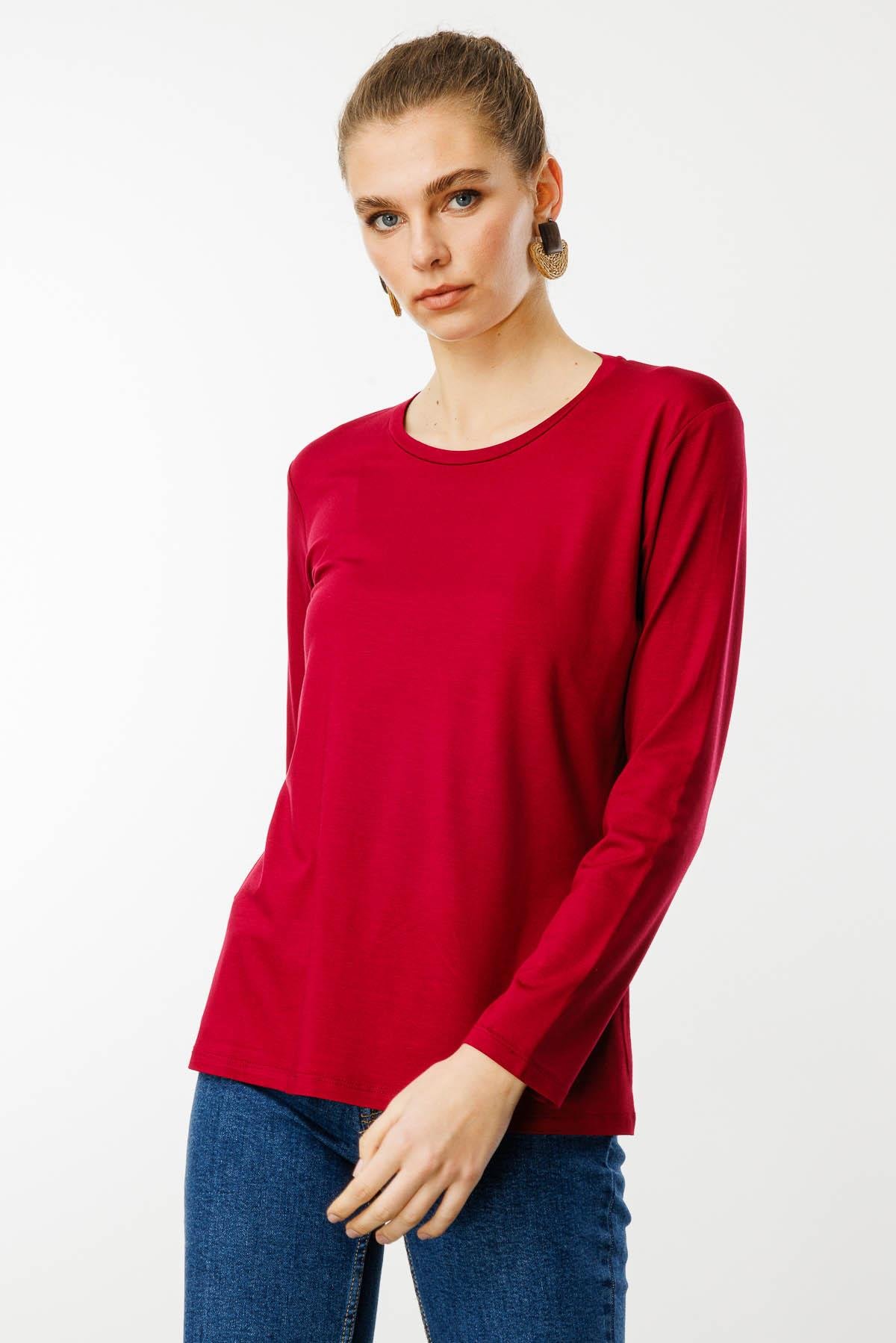 23787Kadın Sıfır Yaka Basic Penye Bluz Vişne