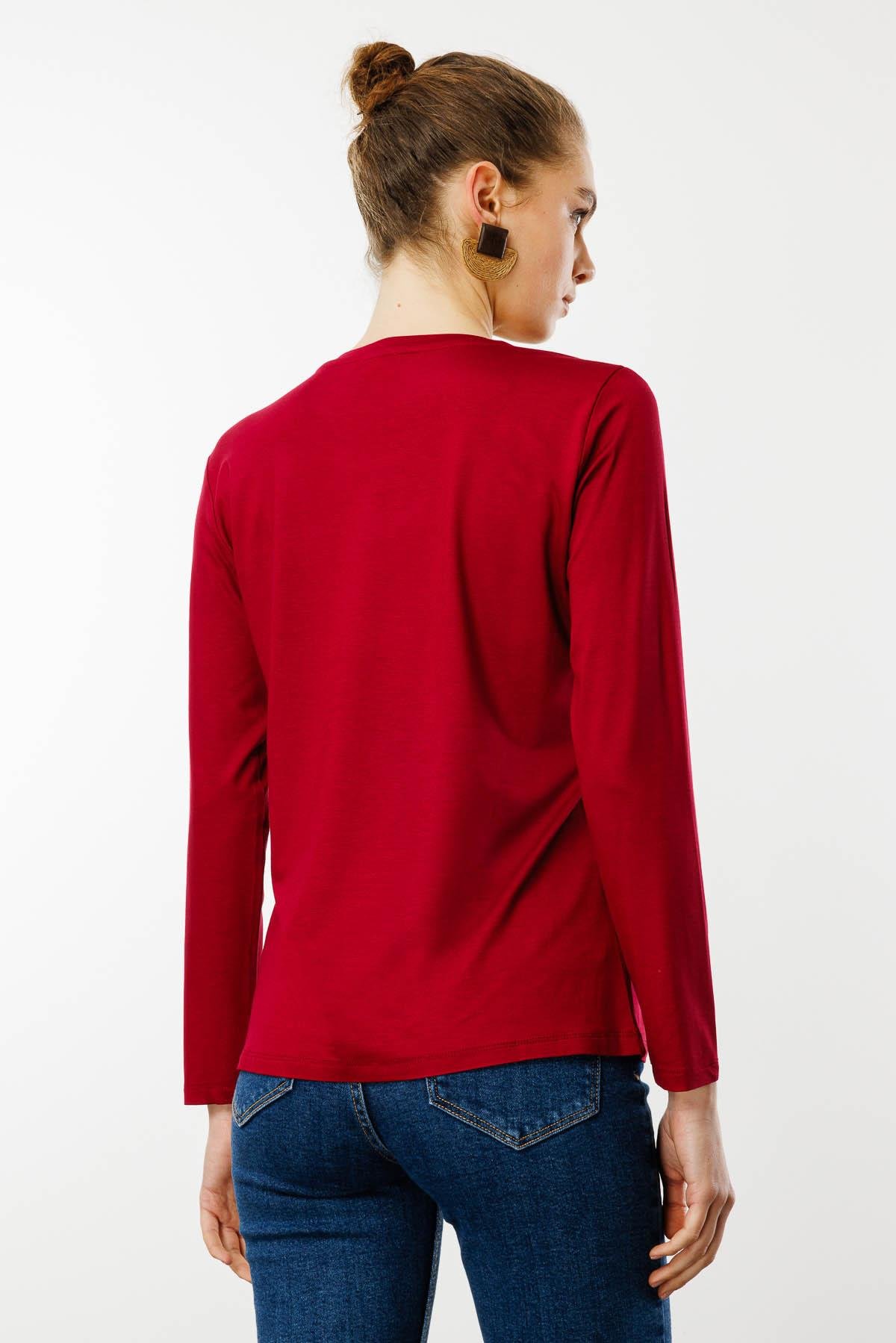 23787Kadın Sıfır Yaka Basic Penye Bluz Vişne