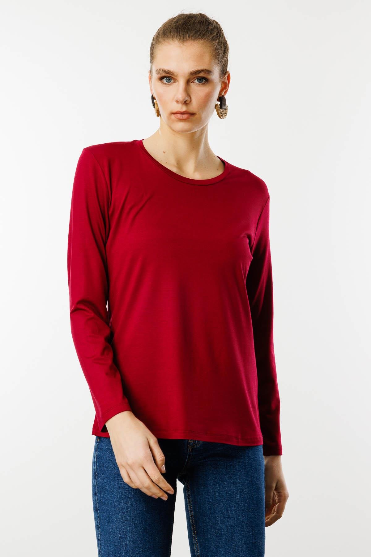 23787Kadın Sıfır Yaka Basic Penye Bluz Vişne