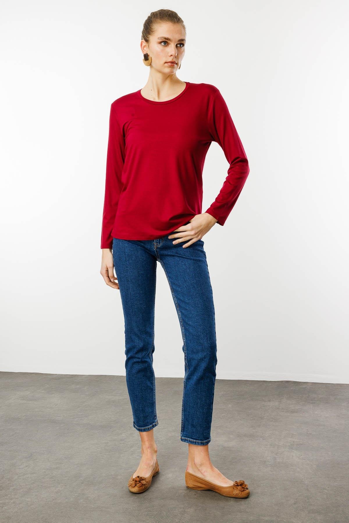 23787Kadın Sıfır Yaka Basic Penye Bluz Vişne