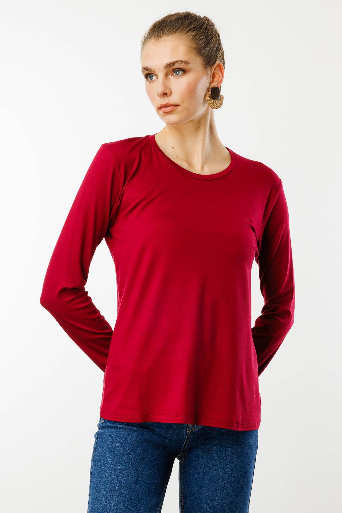 23787Kadın Sıfır Yaka Basic Penye Bluz Vişne