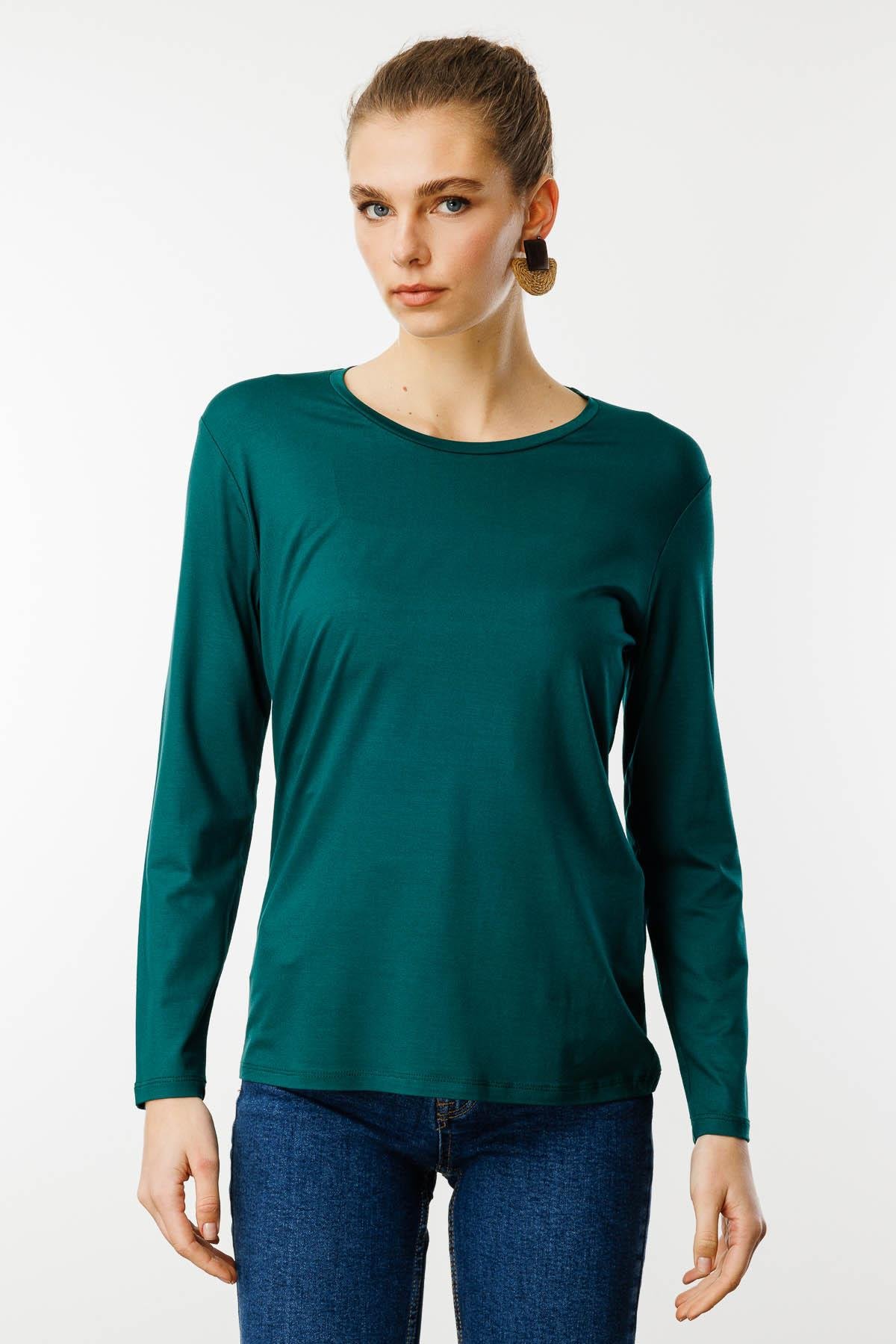 23787Женская базовая хлопковая блуза с круглым вырезом зеленая