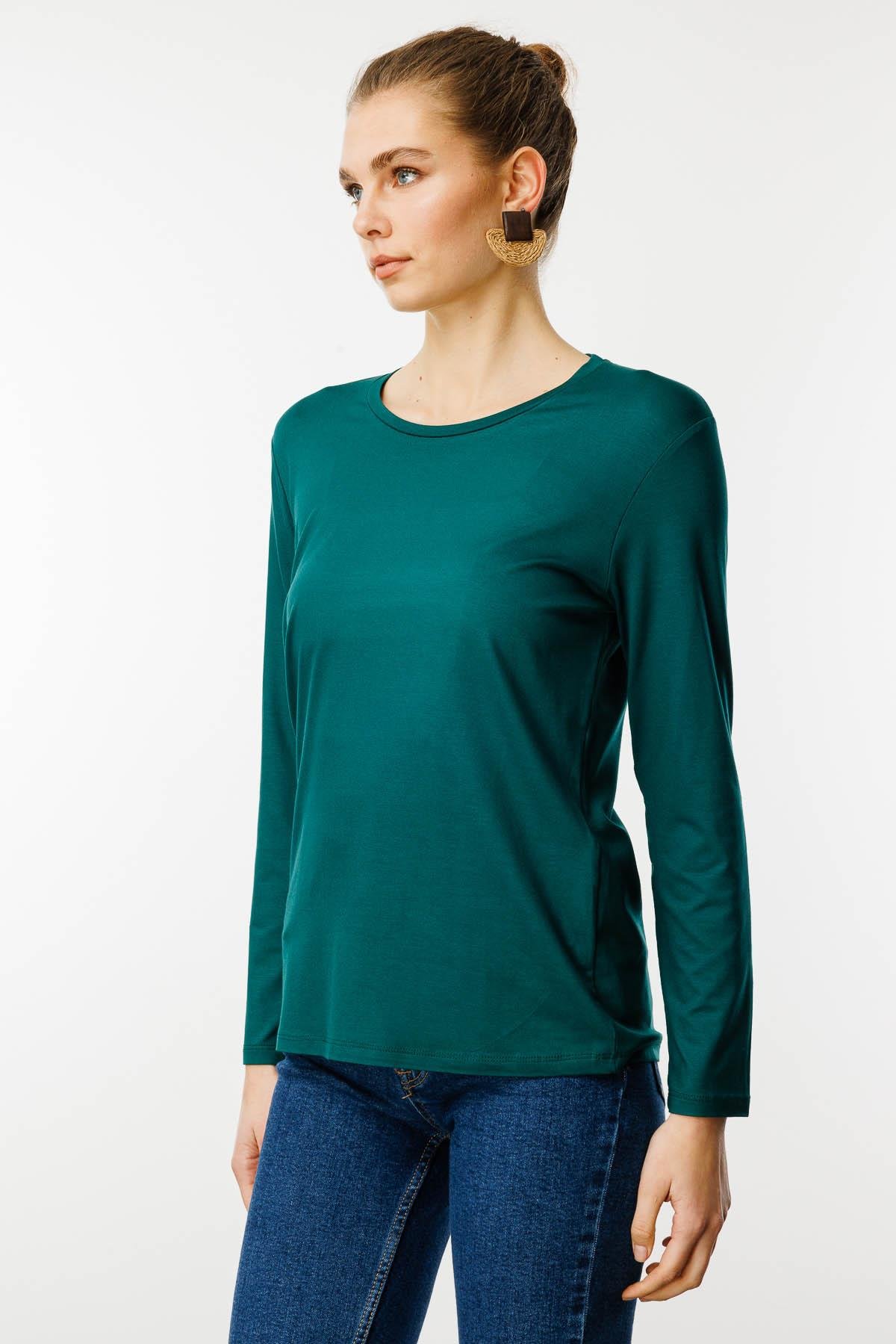 23787Женская базовая хлопковая блуза с круглым вырезом зеленая