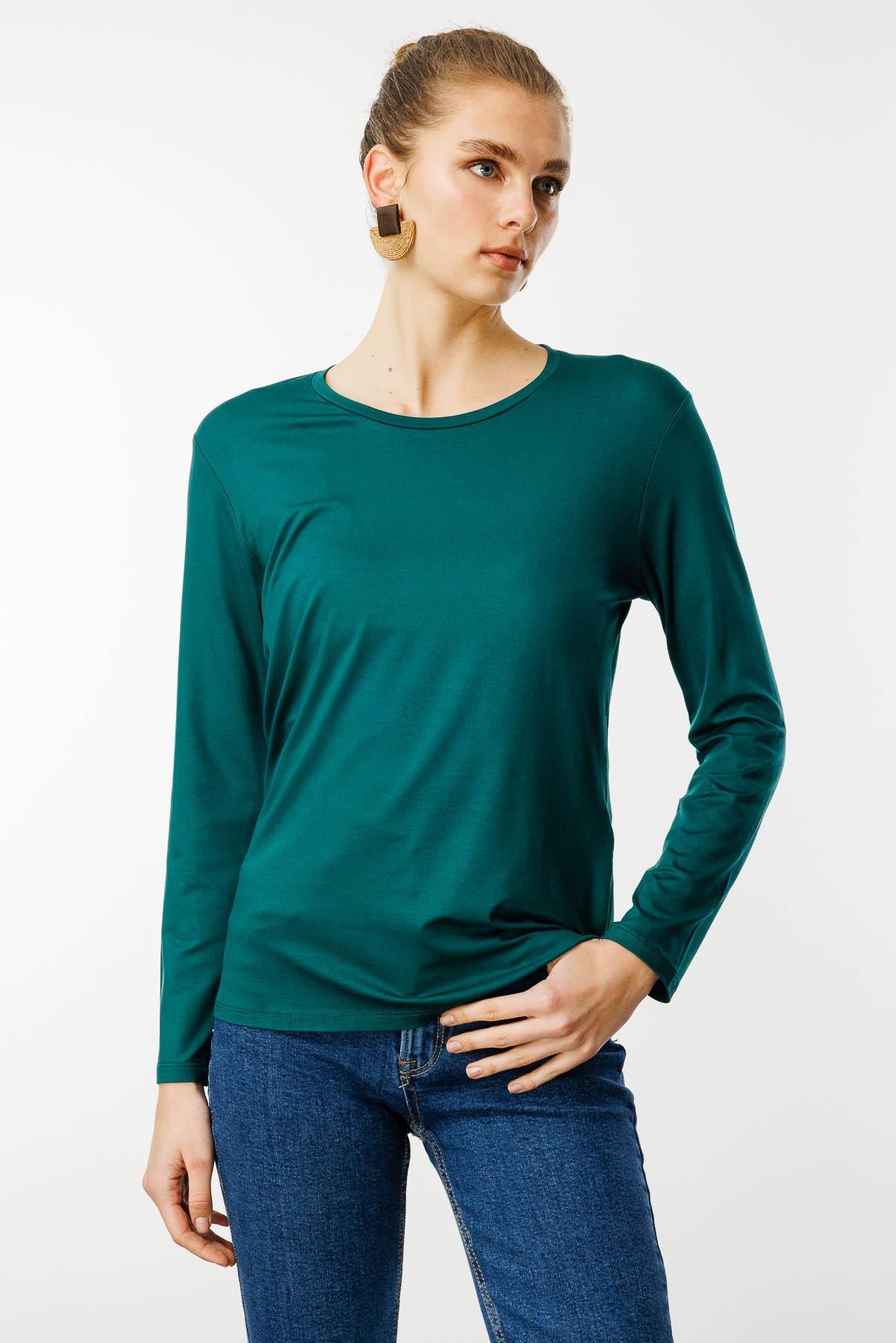 23787Женская базовая хлопковая блуза с круглым вырезом зеленая