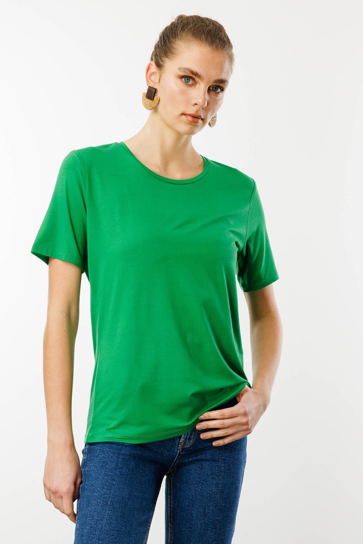 23786Kadın Sıfır Yaka Basic Penye T-shirt A.Yeşil