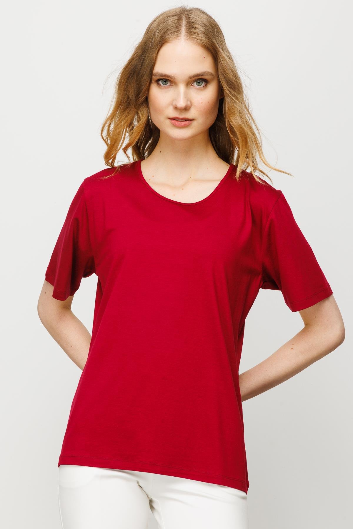 23786Kadın Sıfır Yaka Basic Penye T-shirt Bordo