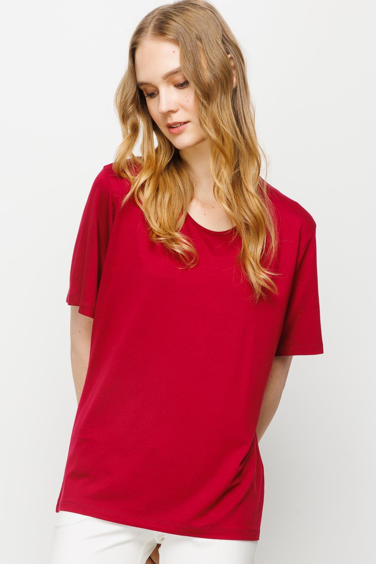 23786Kadın Sıfır Yaka Basic Penye T-shirt Bordo