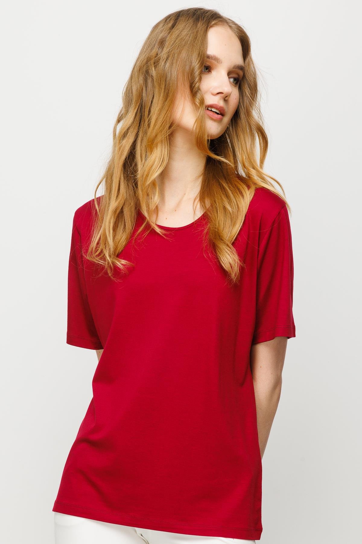 23786Kadın Sıfır Yaka Basic Penye T-shirt Bordo