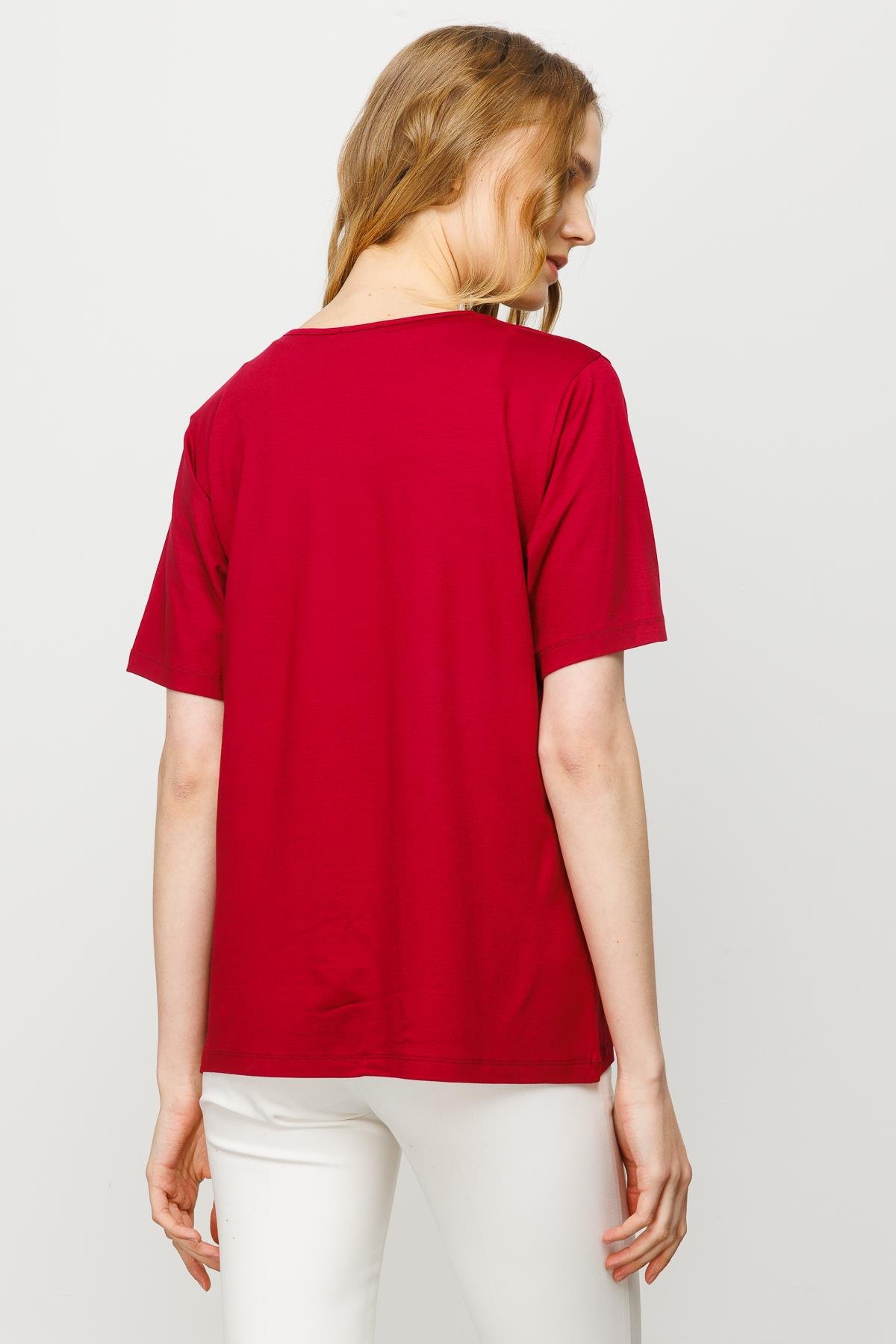 23786Kadın Sıfır Yaka Basic Penye T-shirt Bordo