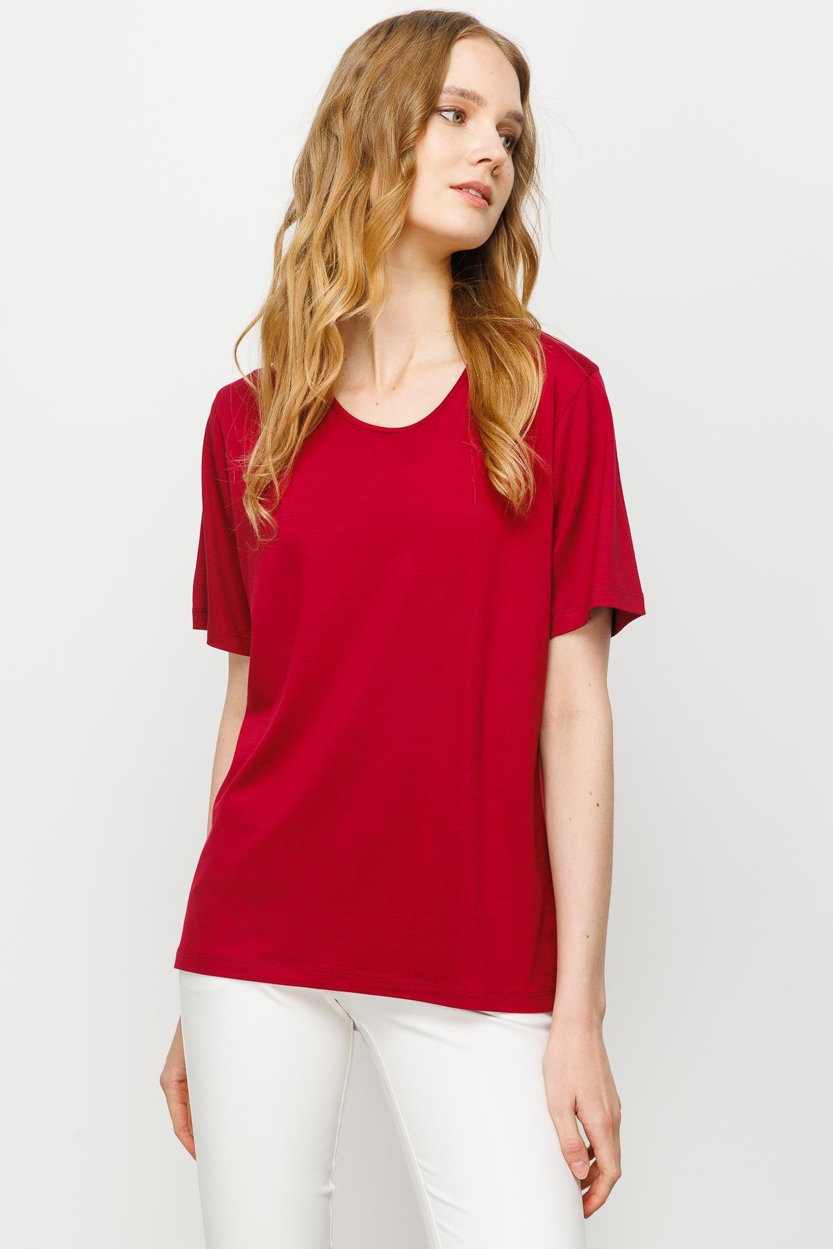23786Kadın Sıfır Yaka Basic Penye T-shirt Bordo