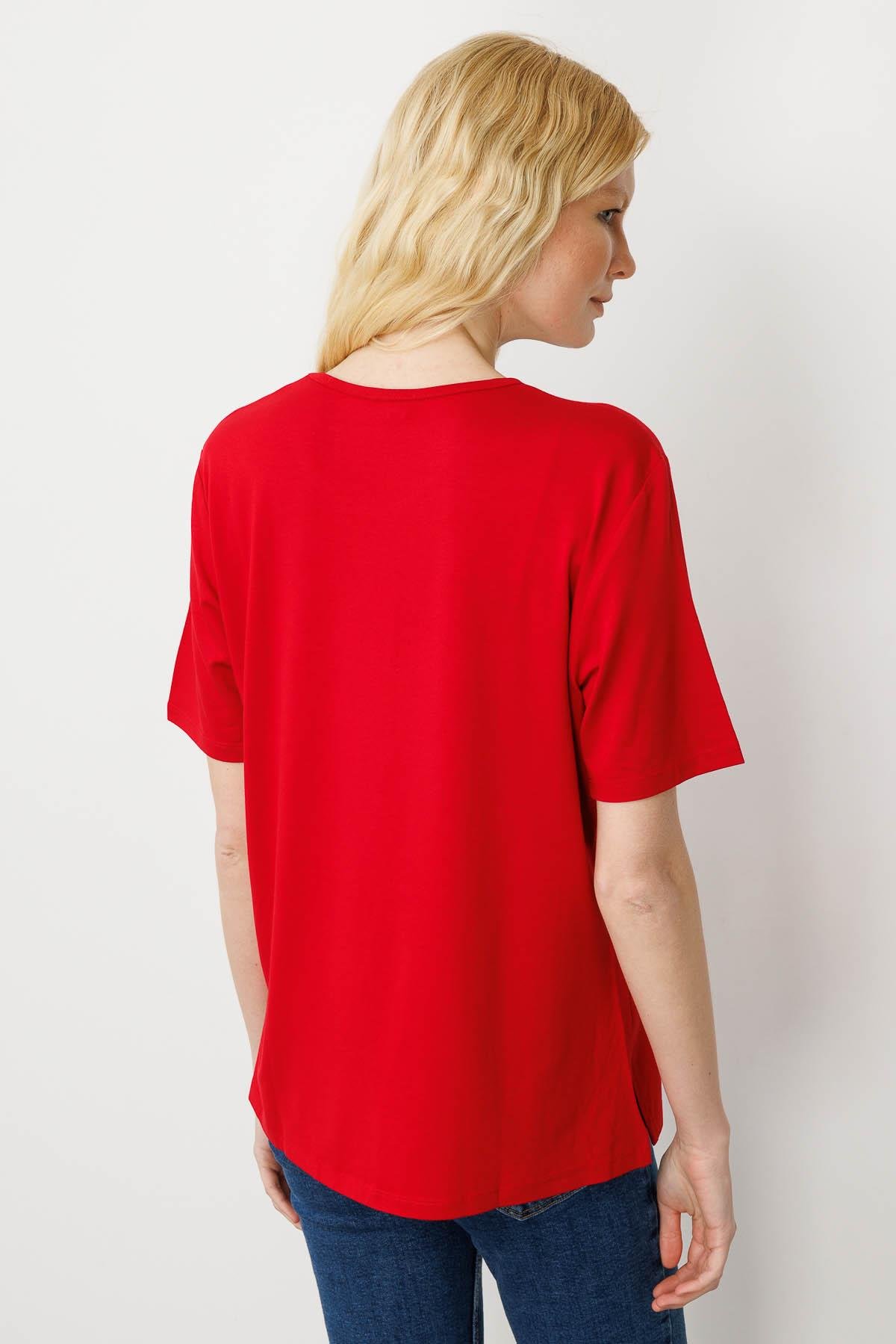 20780Kadın Sıfır Yaka Basic Penye T-shirt Kırmızı