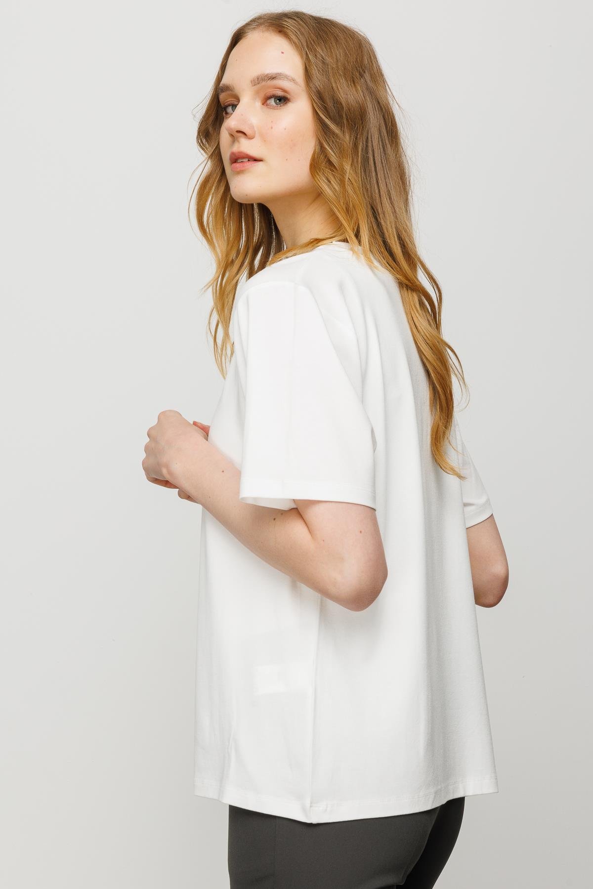 23786Kadın Sıfır Yaka Basic Penye T-shirt Kemik