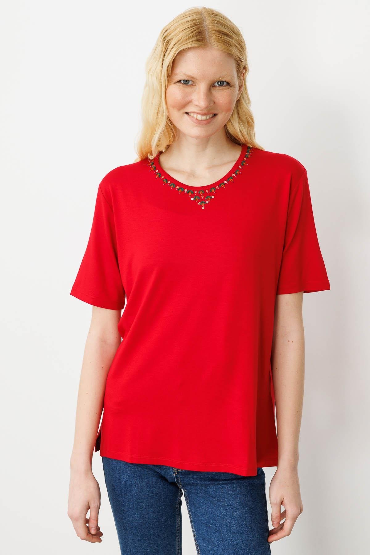 20780Kadın Sıfır Yaka Basic Penye T-shirt Kırmızı