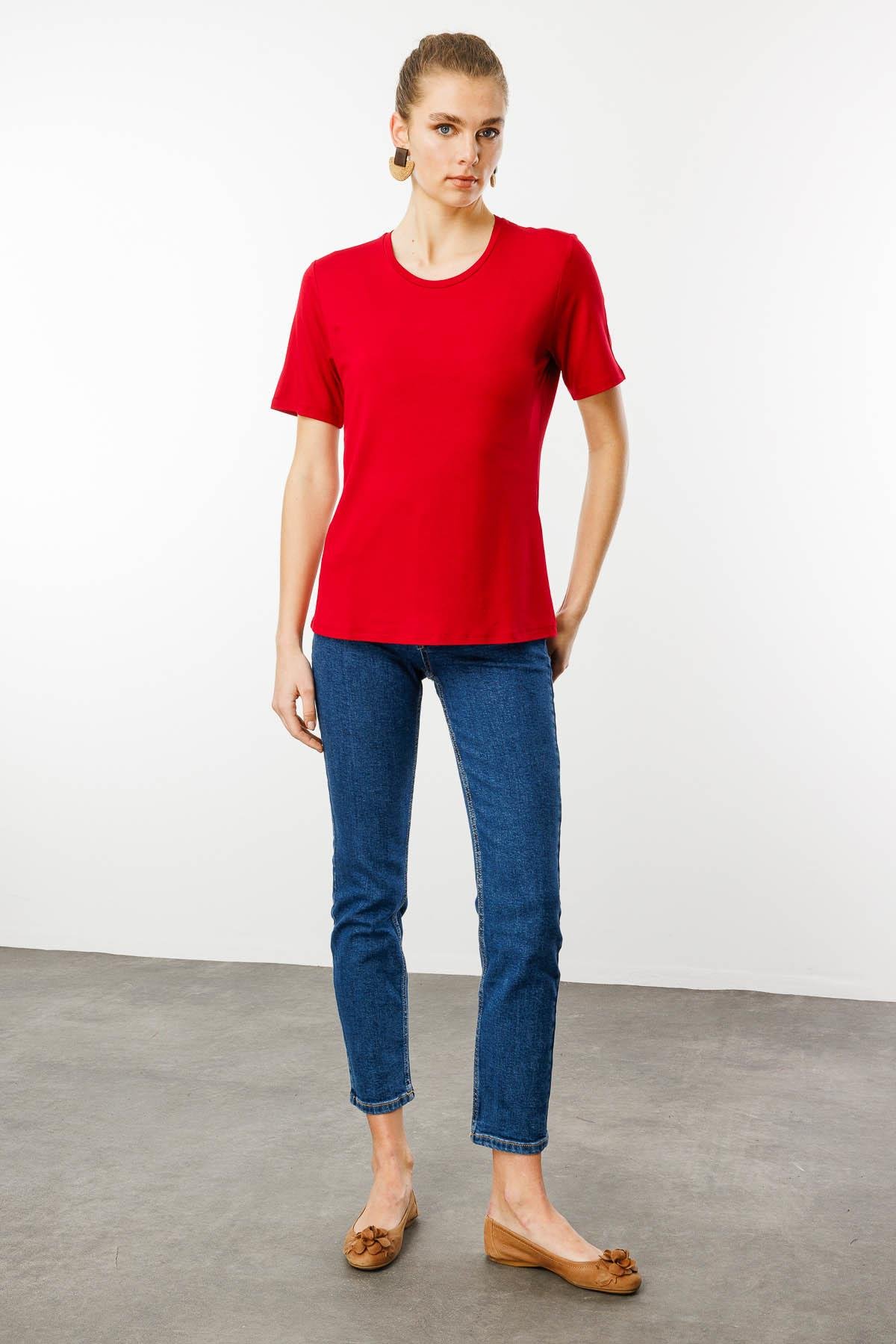 23786Kadın Sıfır Yaka Basic Penye T-shirt Kırmızı
