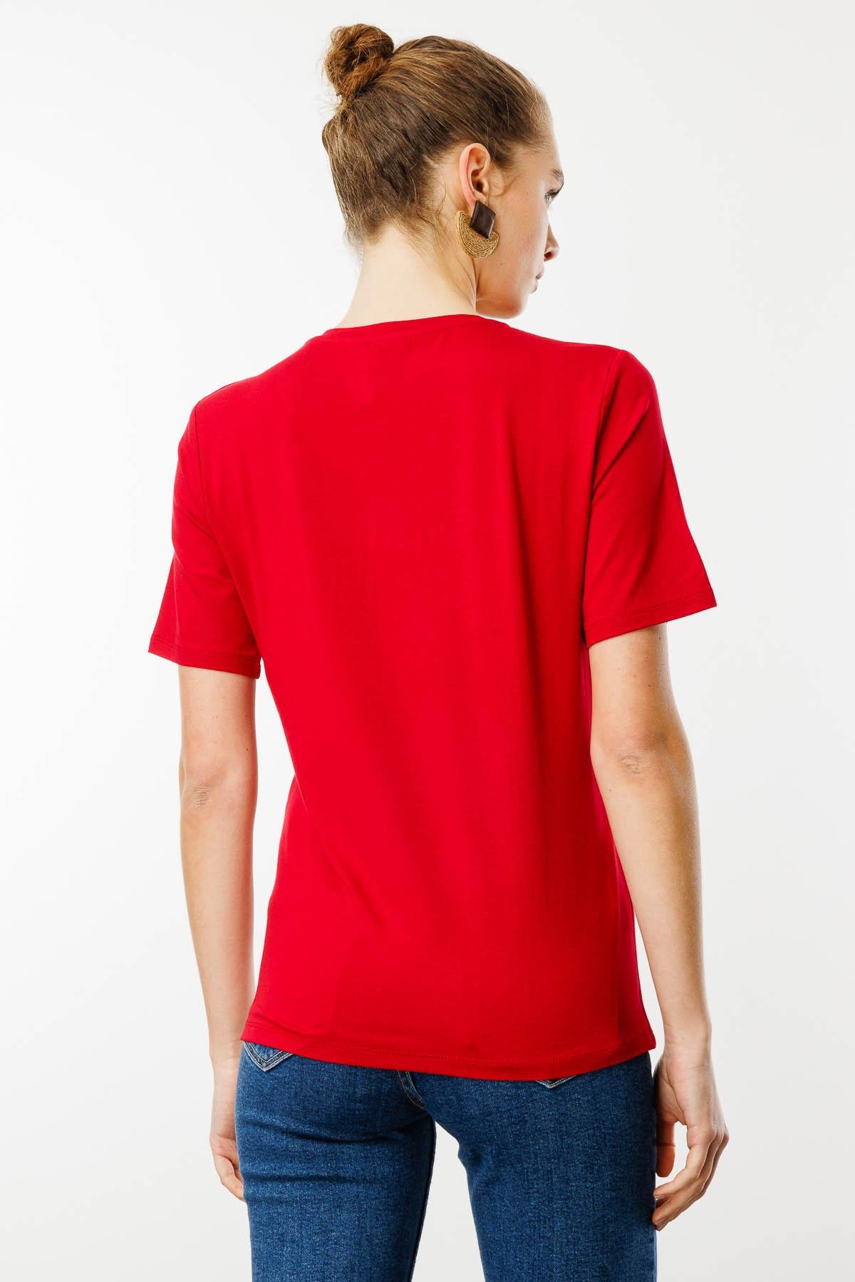 23786Kadın Sıfır Yaka Basic Penye T-shirt Kırmızı