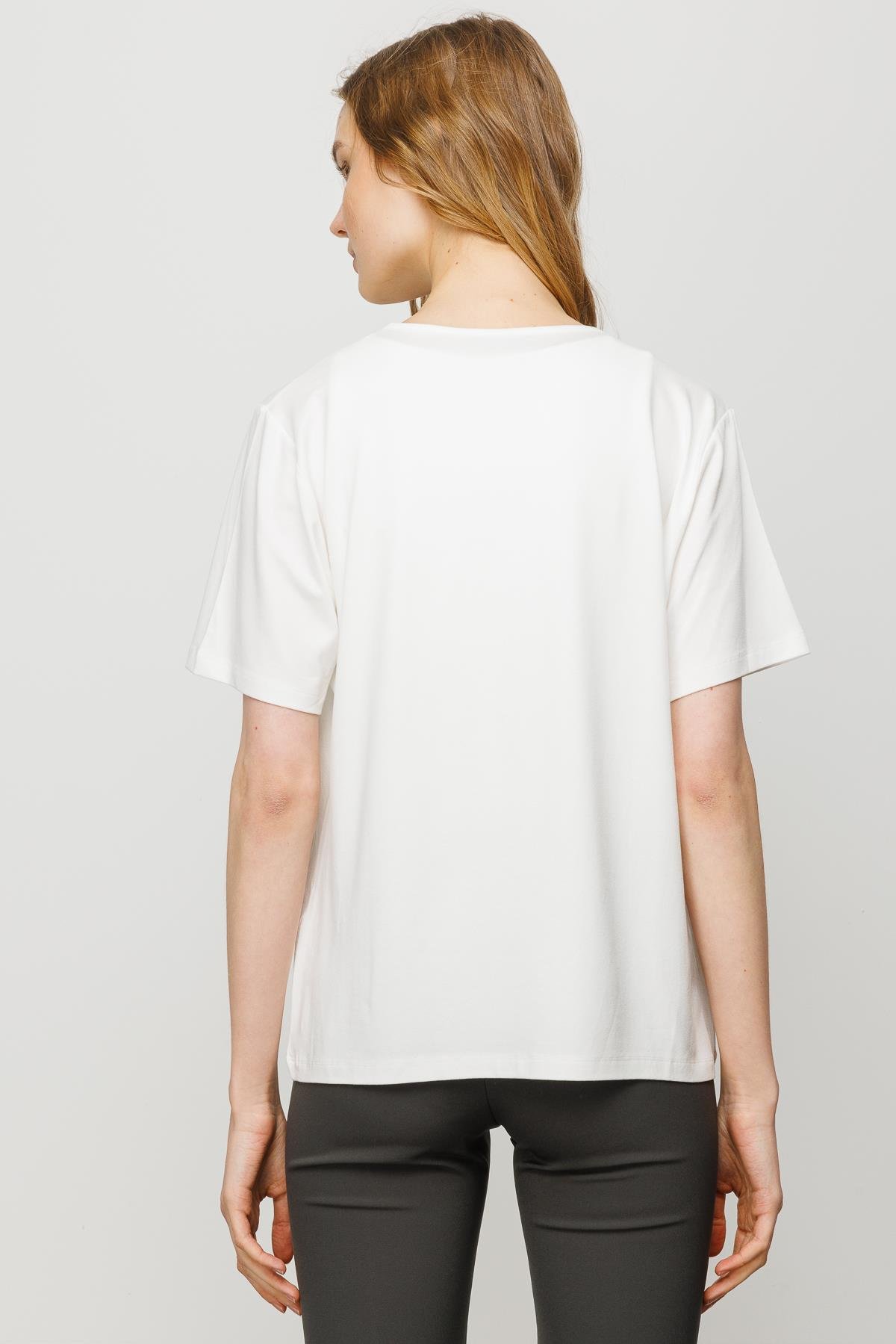 23786Kadın Sıfır Yaka Basic Penye T-shirt Kemik