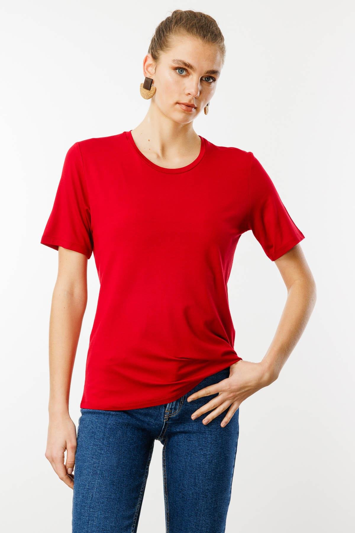 23786Kadın Sıfır Yaka Basic Penye T-shirt Kırmızı