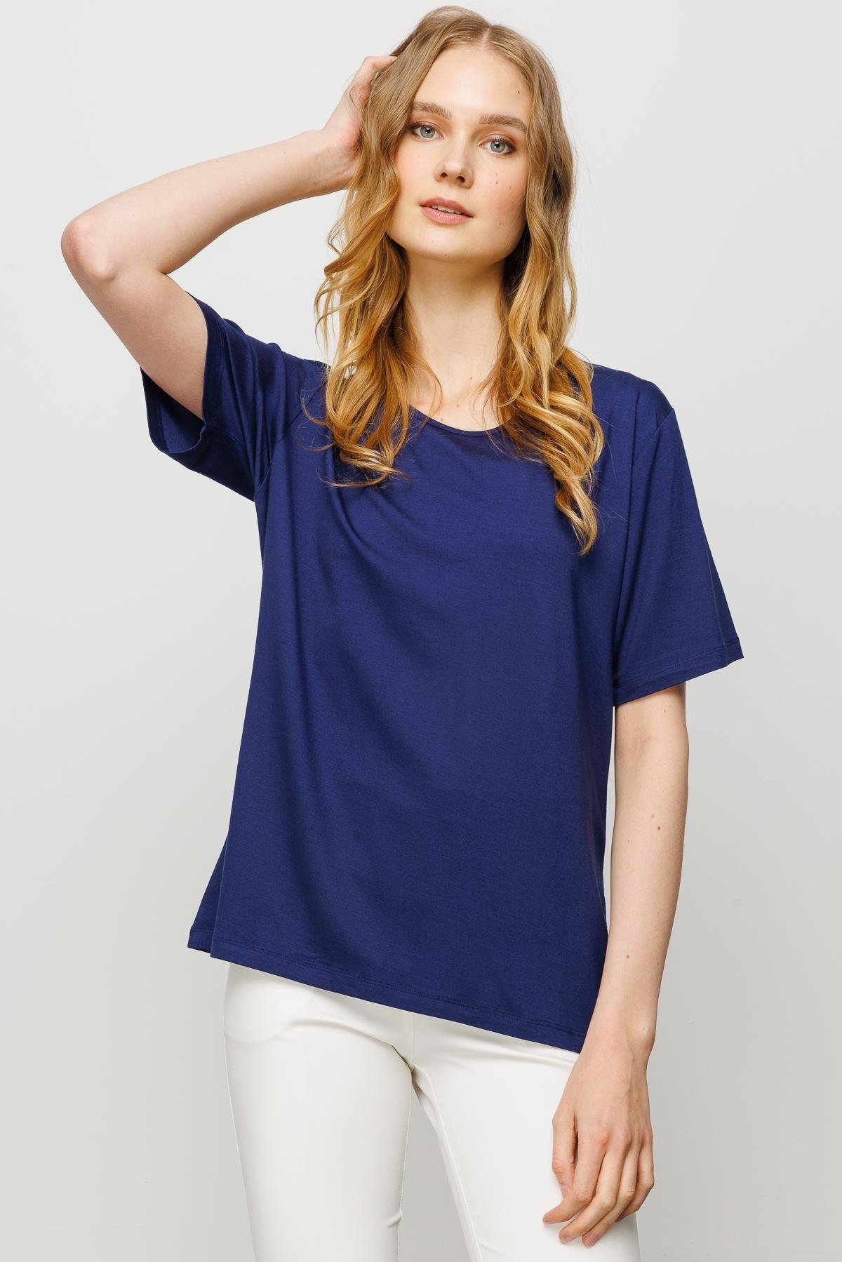 23786Kadın Sıfır Yaka Basic Penye T-shirt Lacivert