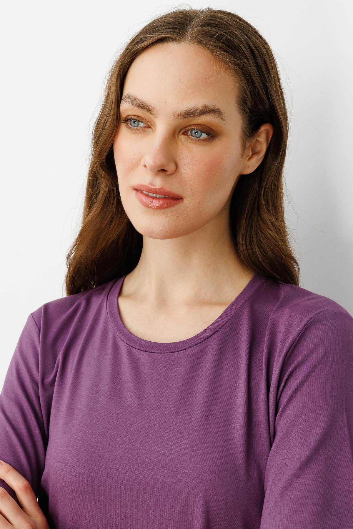 23786Kadın Sıfır Yaka Basic Penye T-shirt Lila