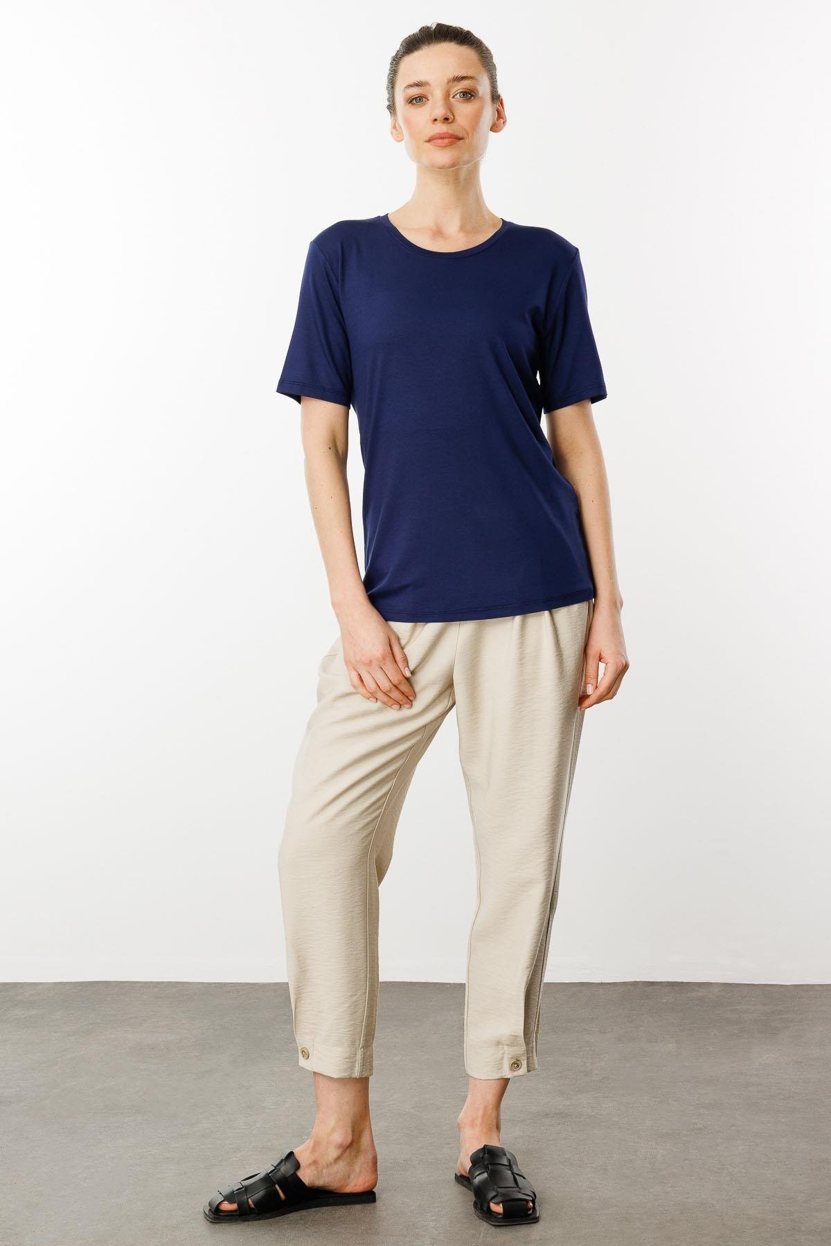 23786Women's Crew Neck Basic Combed T-shirt Navy Blue