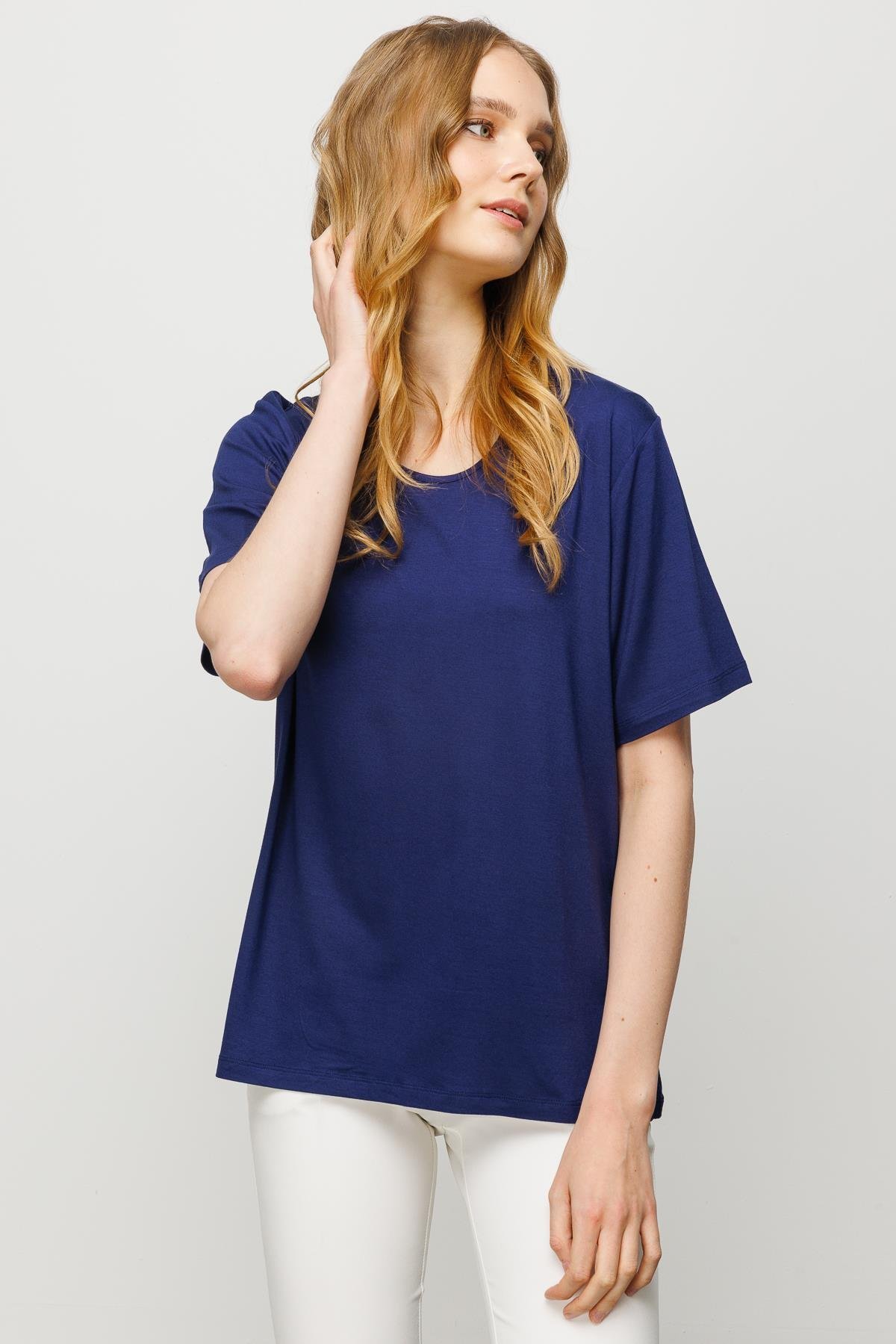 23786Kadın Sıfır Yaka Basic Penye T-shirt Lacivert