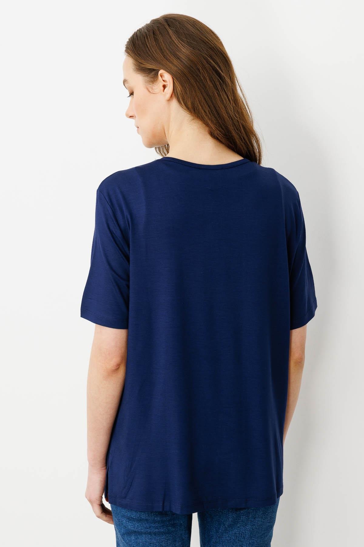 20780Kadın Sıfır Yaka Basic Penye T-shirt Lacivert