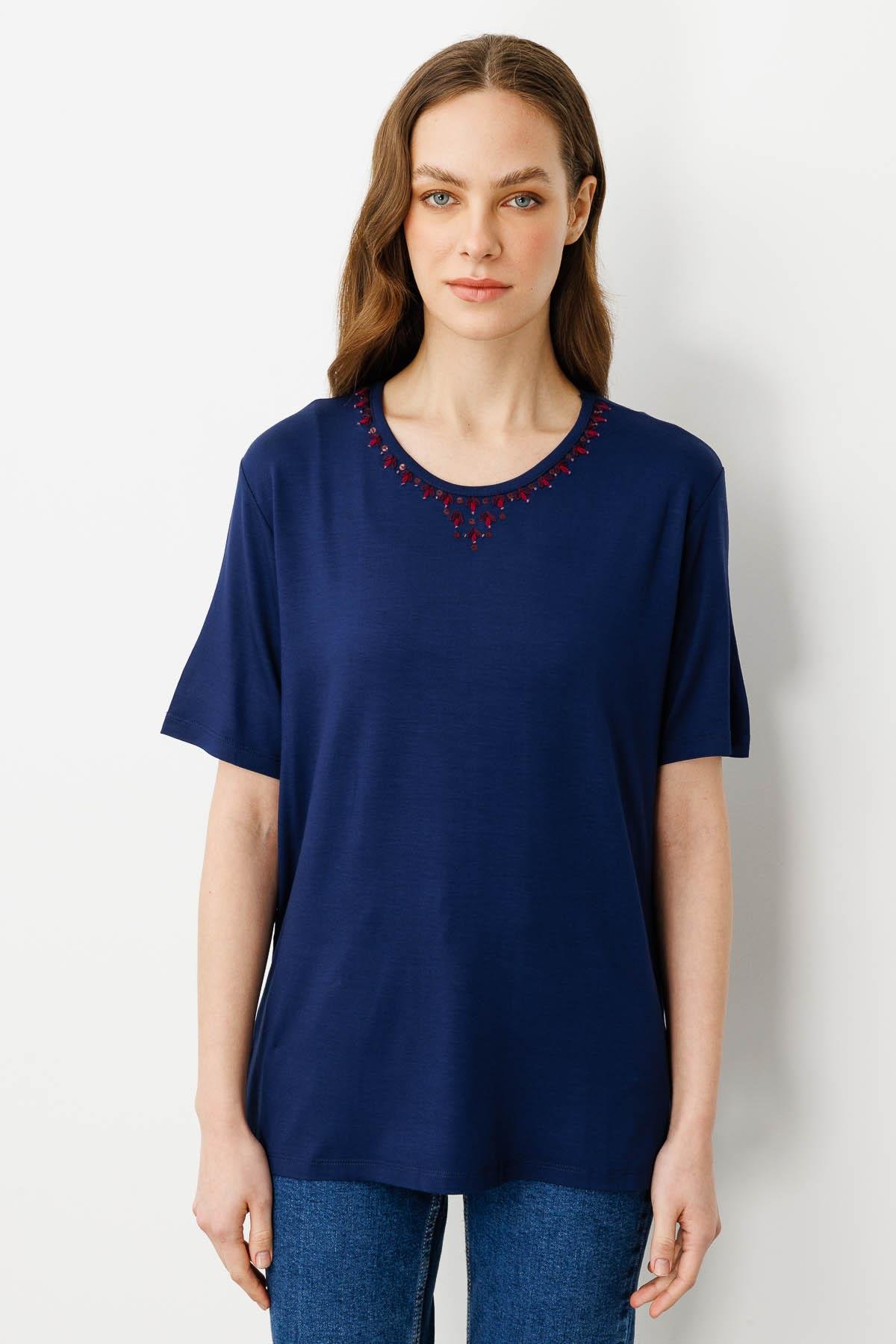 20780Kadın Sıfır Yaka Basic Penye T-shirt Lacivert