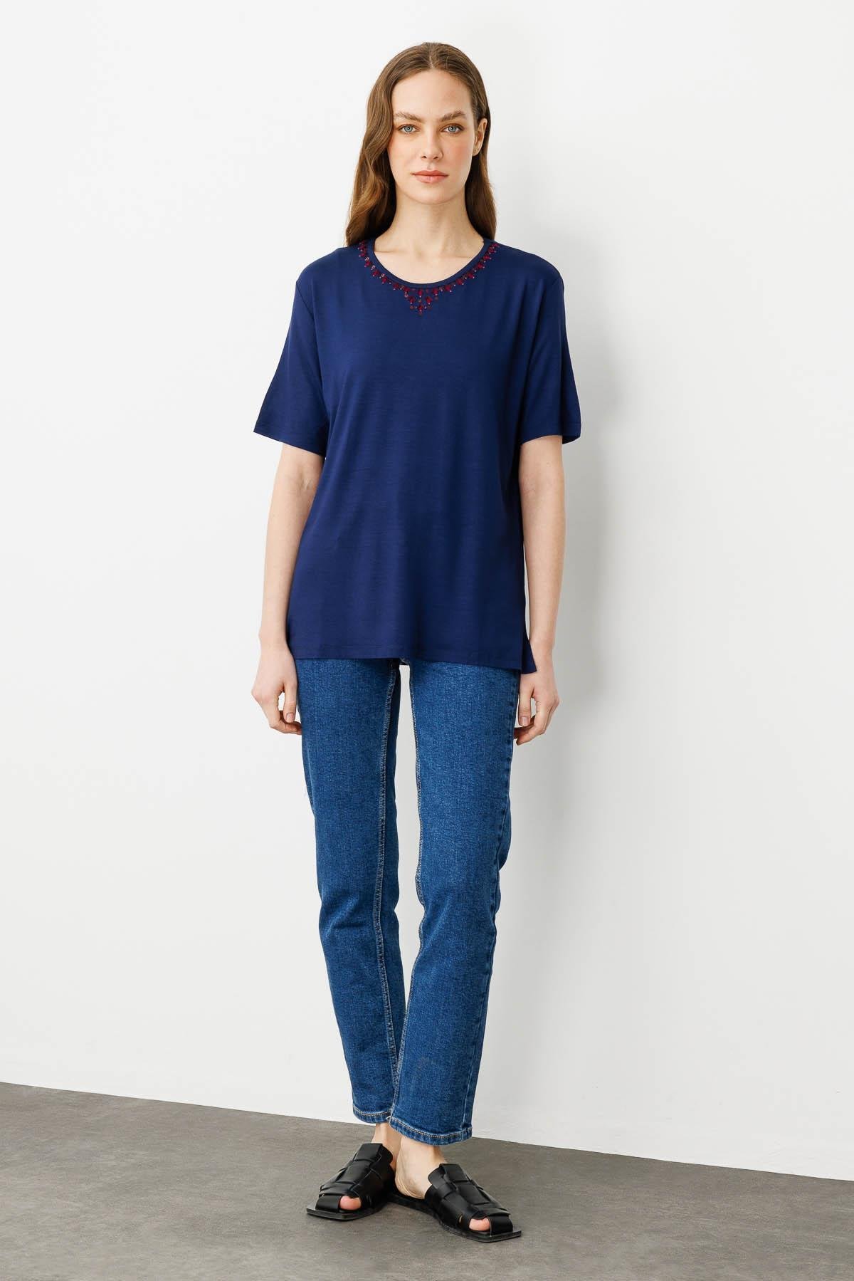 20780Kadın Sıfır Yaka Basic Penye T-shirt Lacivert