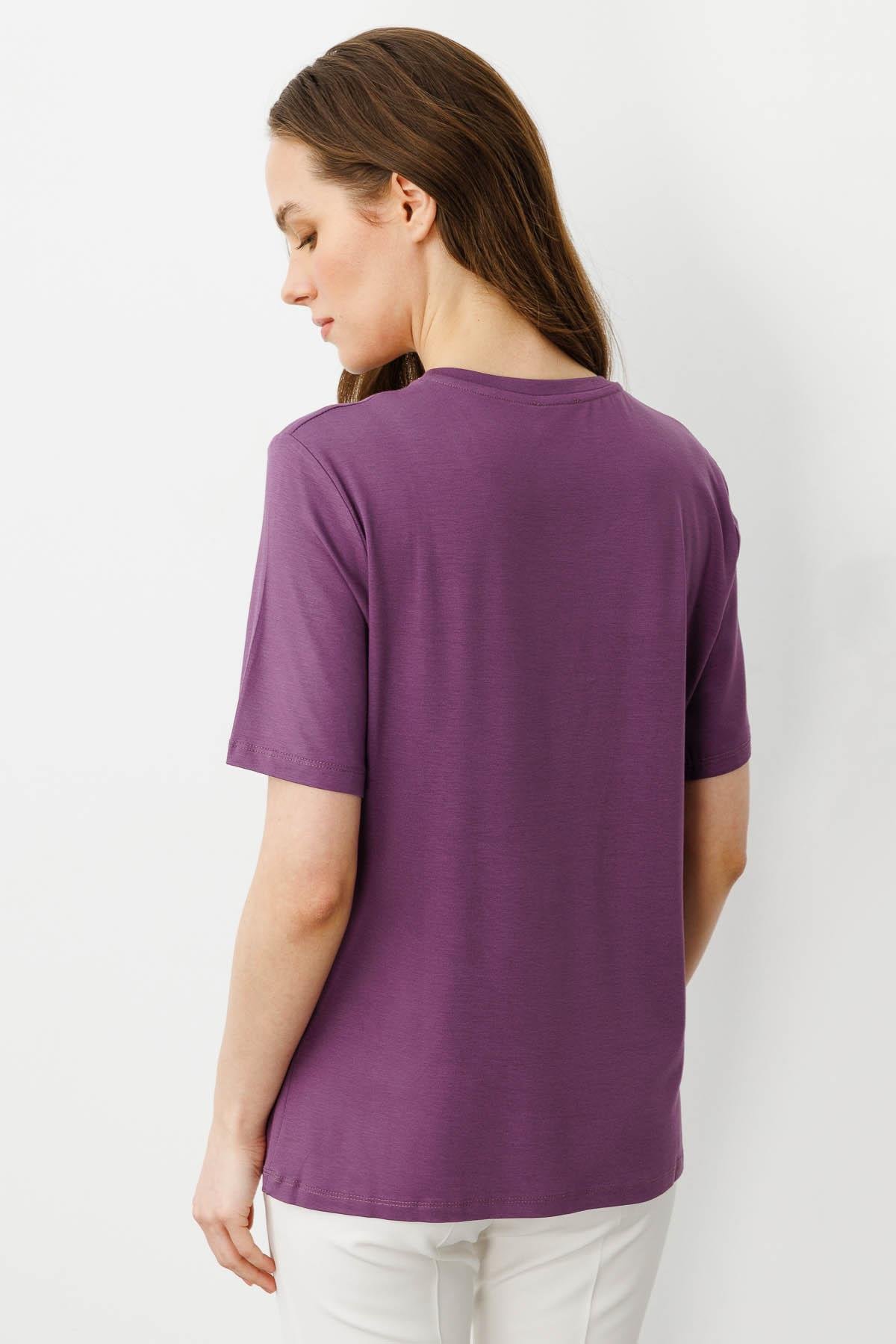 23786Kadın Sıfır Yaka Basic Penye T-shirt Lila