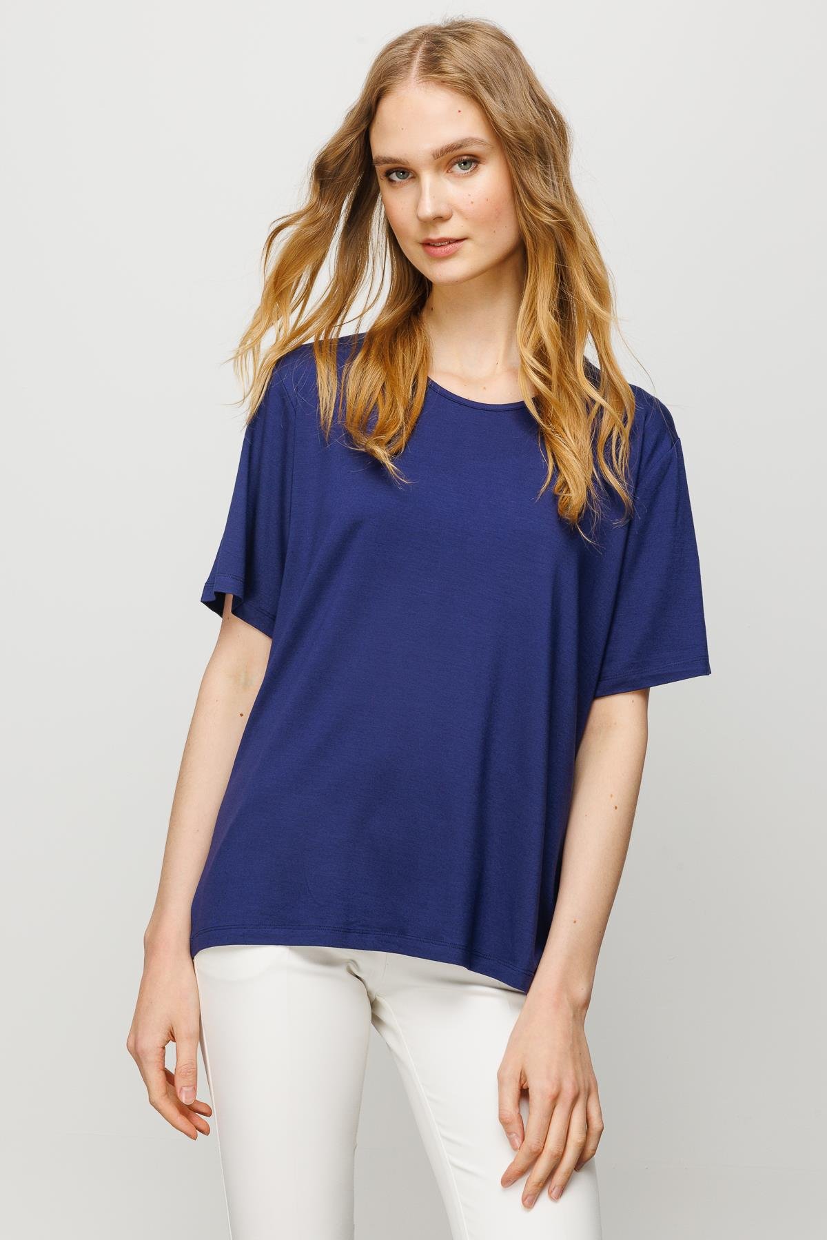 23786Kadın Sıfır Yaka Basic Penye T-shirt Lacivert