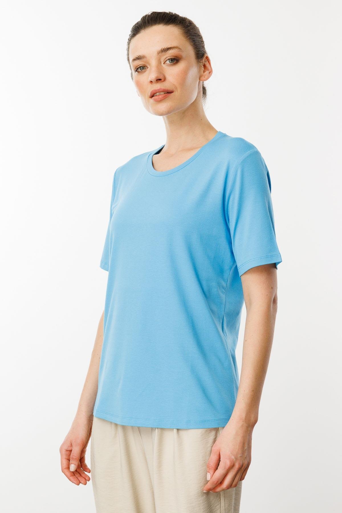 23786Kadın Sıfır Yaka Basic Penye T-shirt Mavi