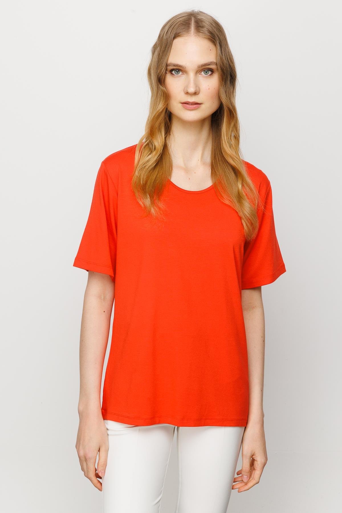 23786Kadın Sıfır Yaka Basic Penye T-shirt Oranj