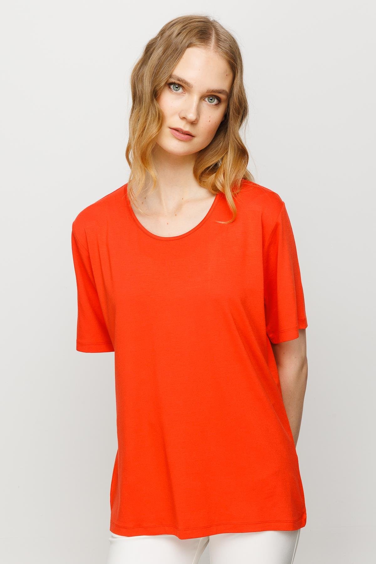 23786Kadın Sıfır Yaka Basic Penye T-shirt Oranj