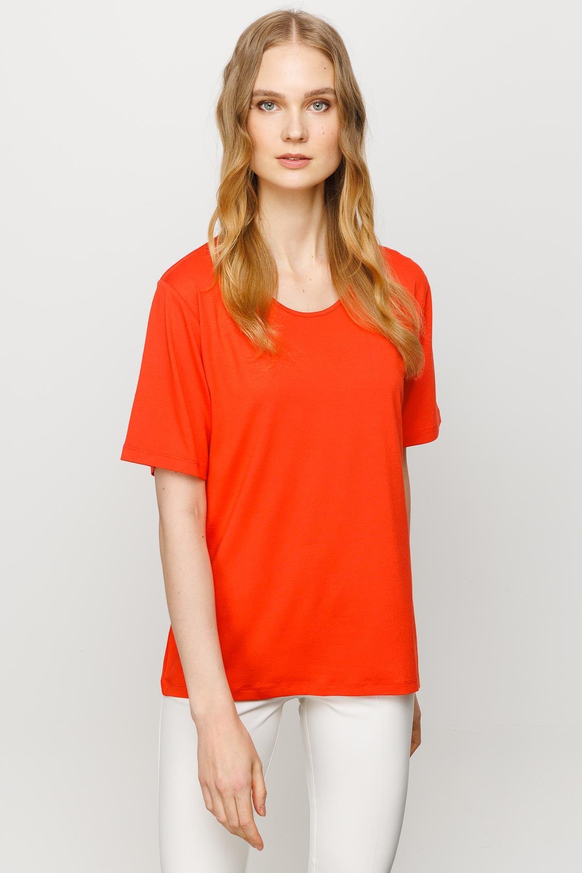 23786Kadın Sıfır Yaka Basic Penye T-shirt Oranj