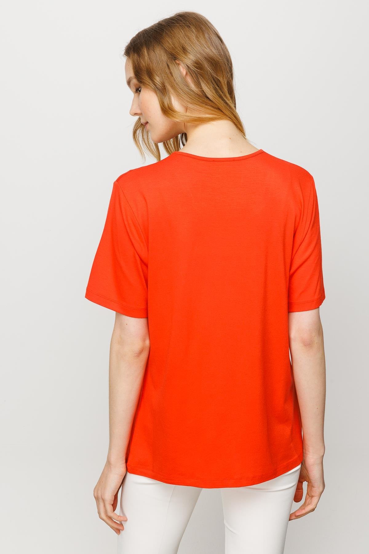 23786Kadın Sıfır Yaka Basic Penye T-shirt Oranj