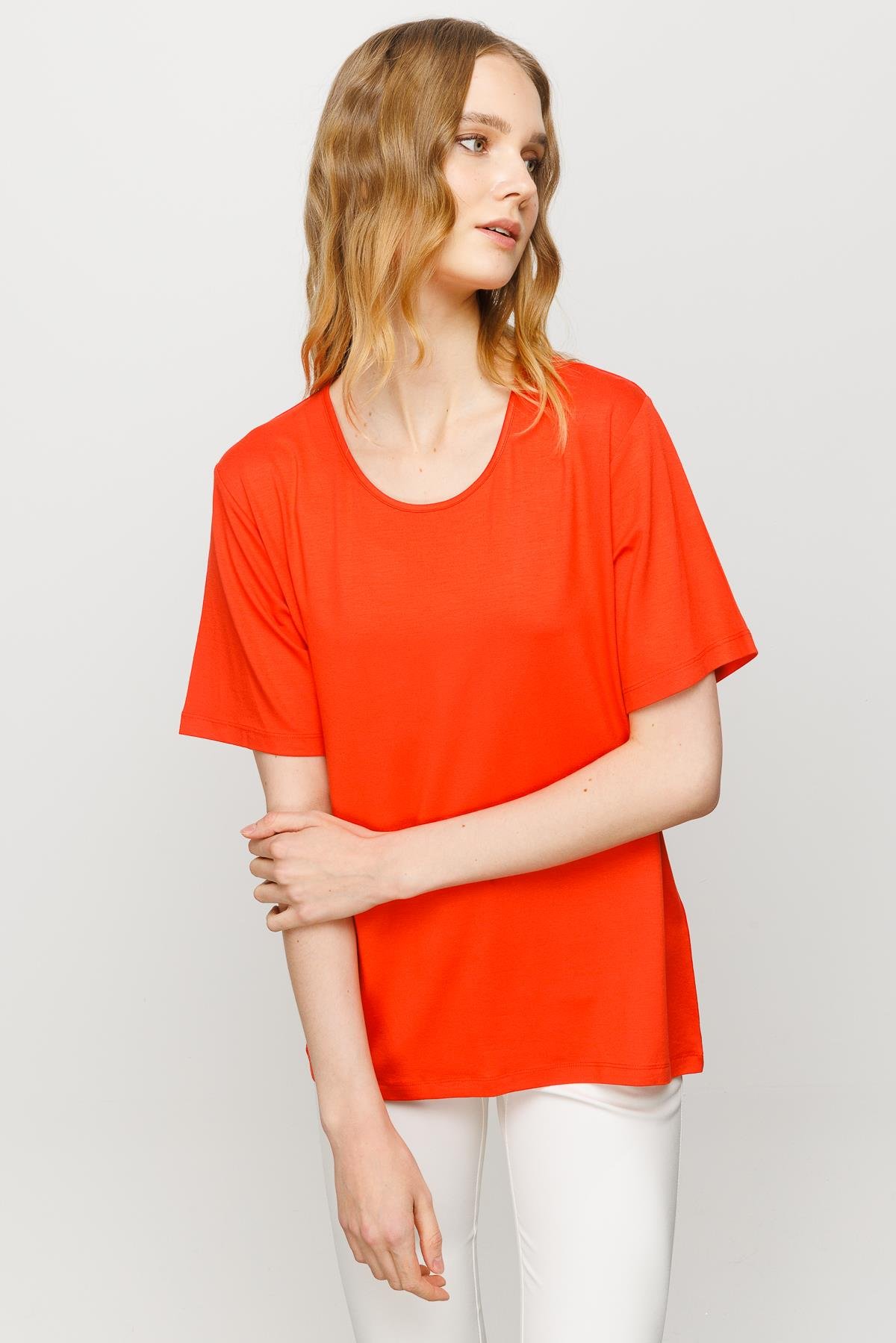 23786Kadın Sıfır Yaka Basic Penye T-shirt Oranj