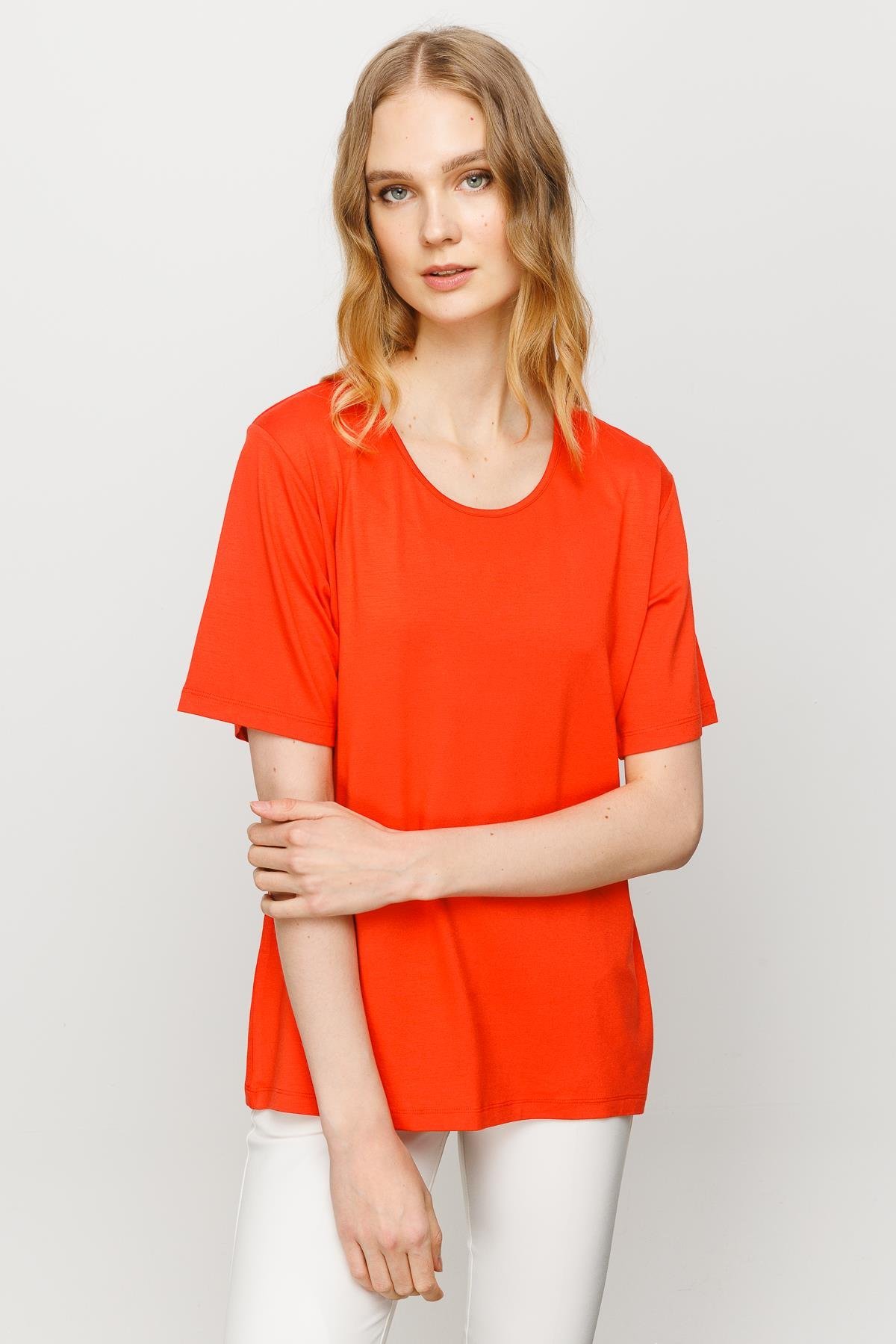 23786Kadın Sıfır Yaka Basic Penye T-shirt Oranj