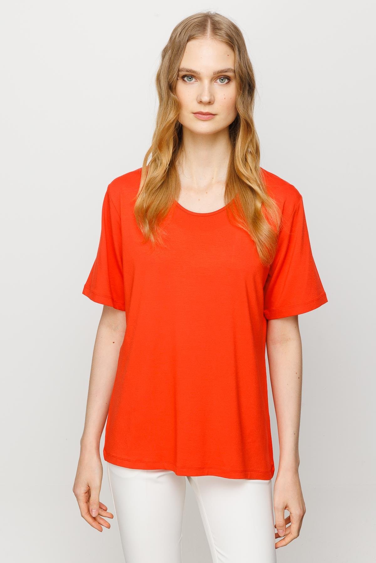 23786Kadın Sıfır Yaka Basic Penye T-shirt Oranj