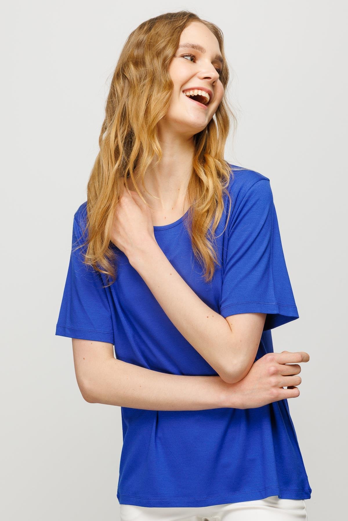 23786Kadın Sıfır Yaka Basic Penye T-shirt Saks