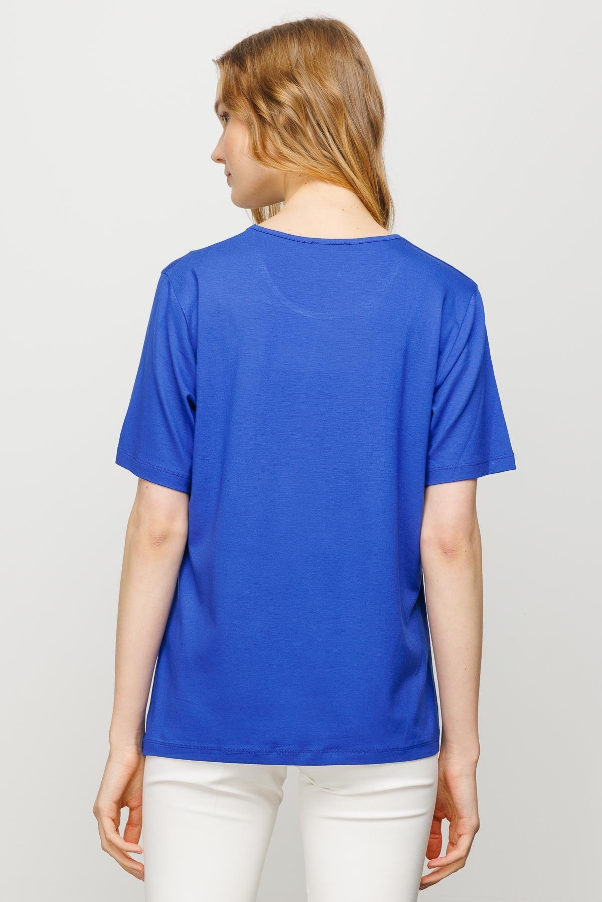 23786Kadın Sıfır Yaka Basic Penye T-shirt Saks
