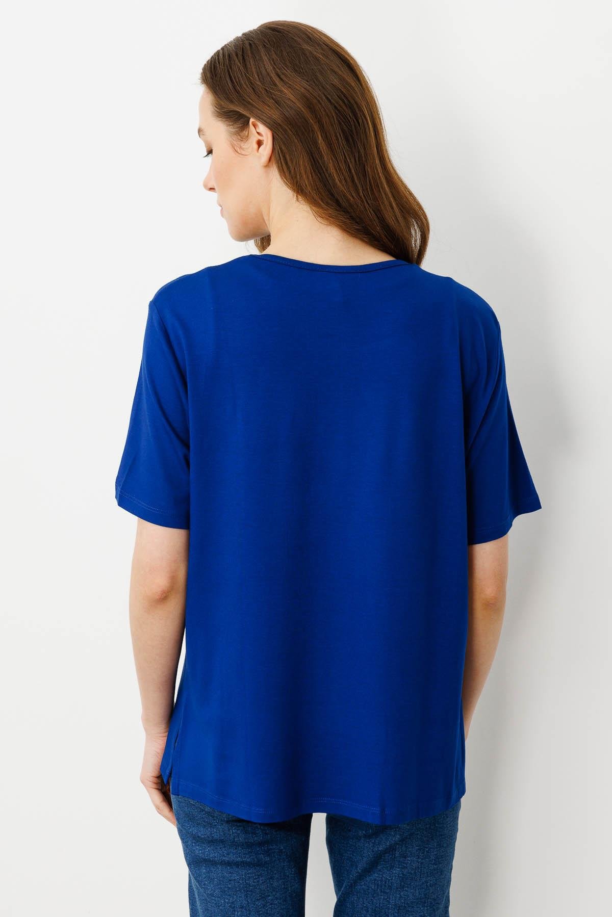 20780Kadın Sıfır Yaka Basic Penye T-shirt Sax