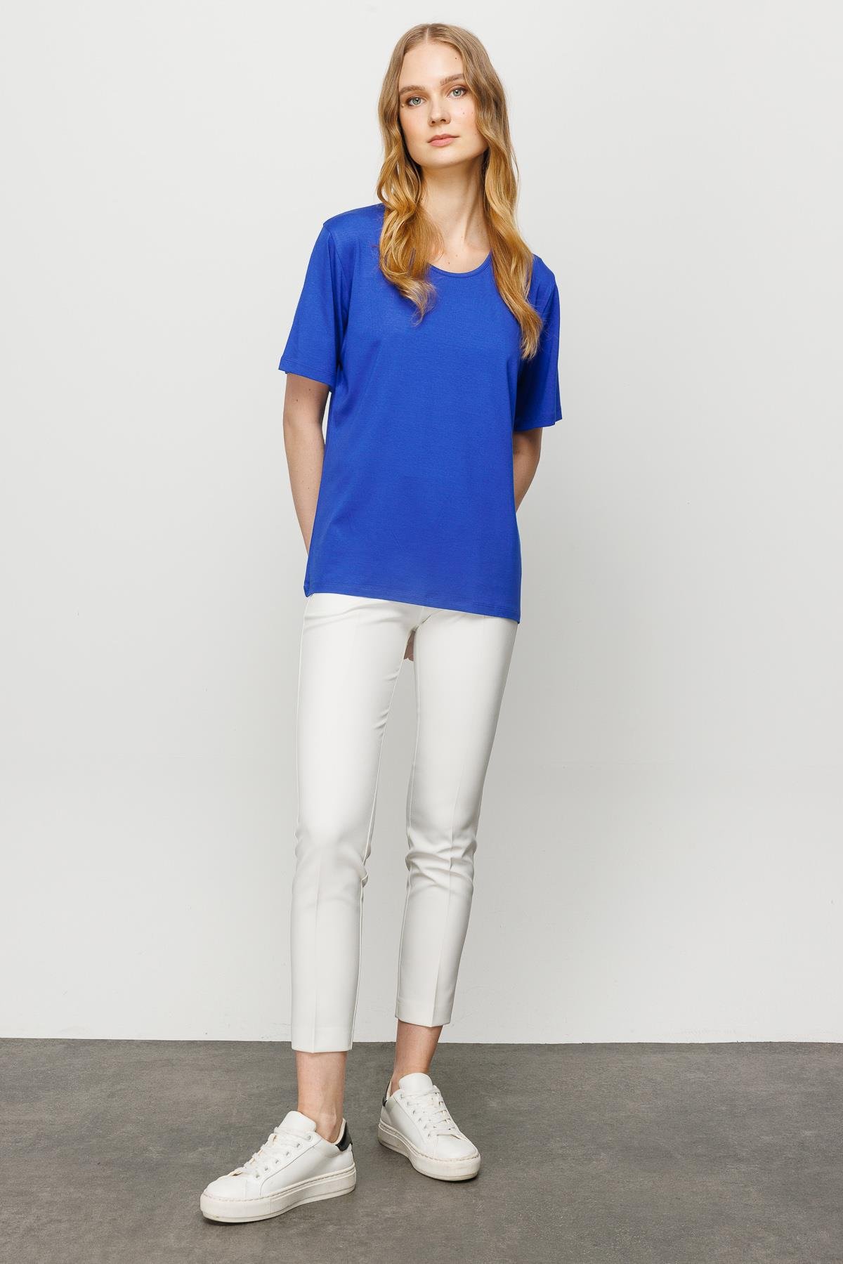 23786Kadın Sıfır Yaka Basic Penye T-shirt Saks