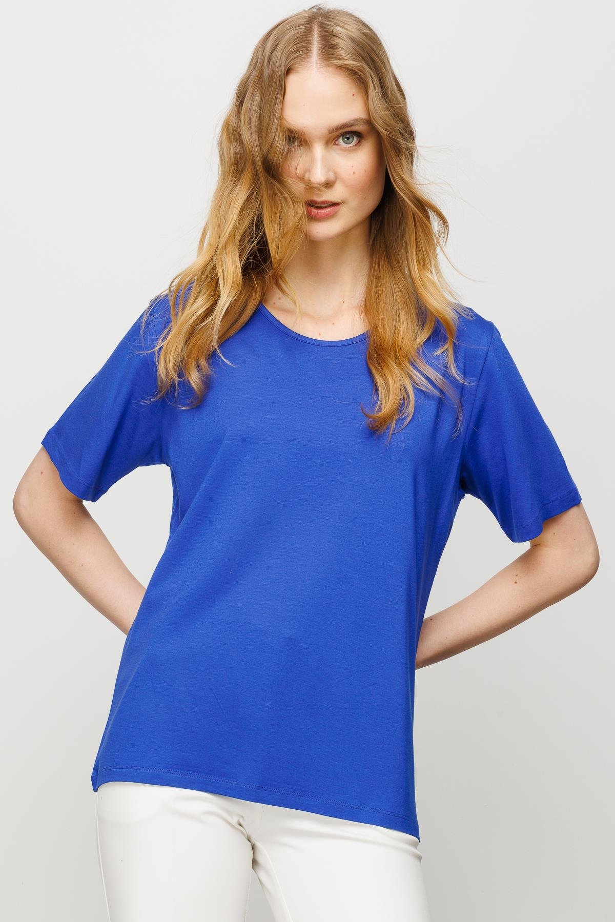 23786Kadın Sıfır Yaka Basic Penye T-shirt Saks