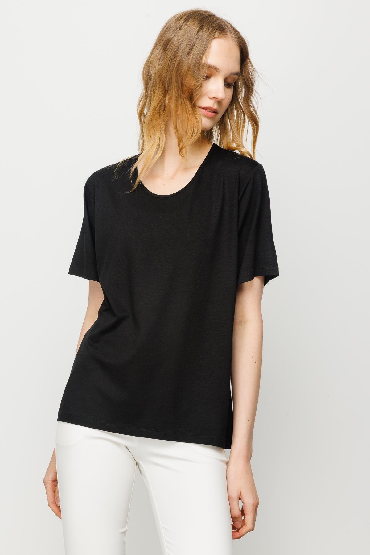 23786Kadın Sıfır Yaka Basic Penye T-shirt Siyah